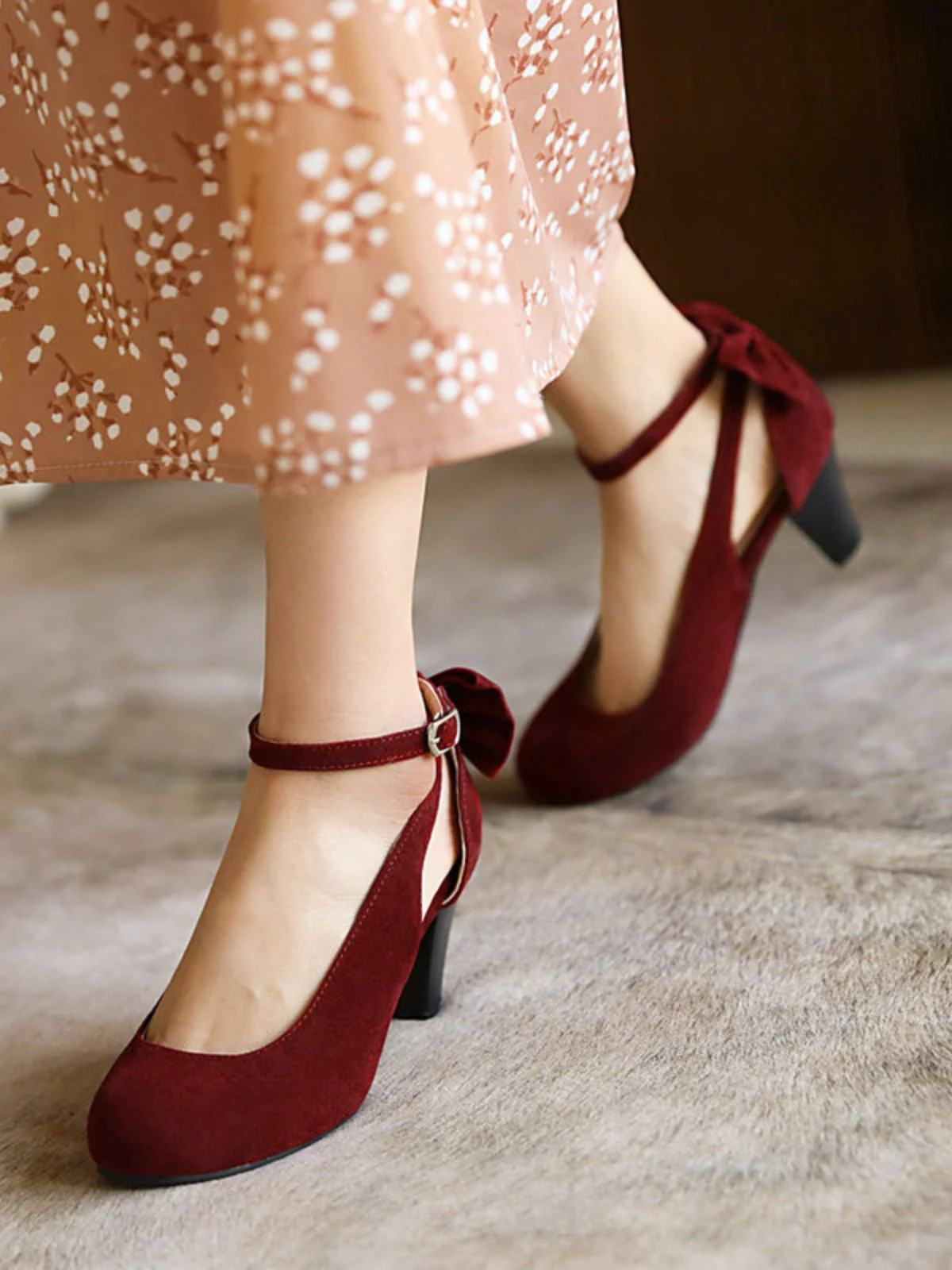 Vintage Bowknot Chunky High Heel Suede Shoes - Image 6
