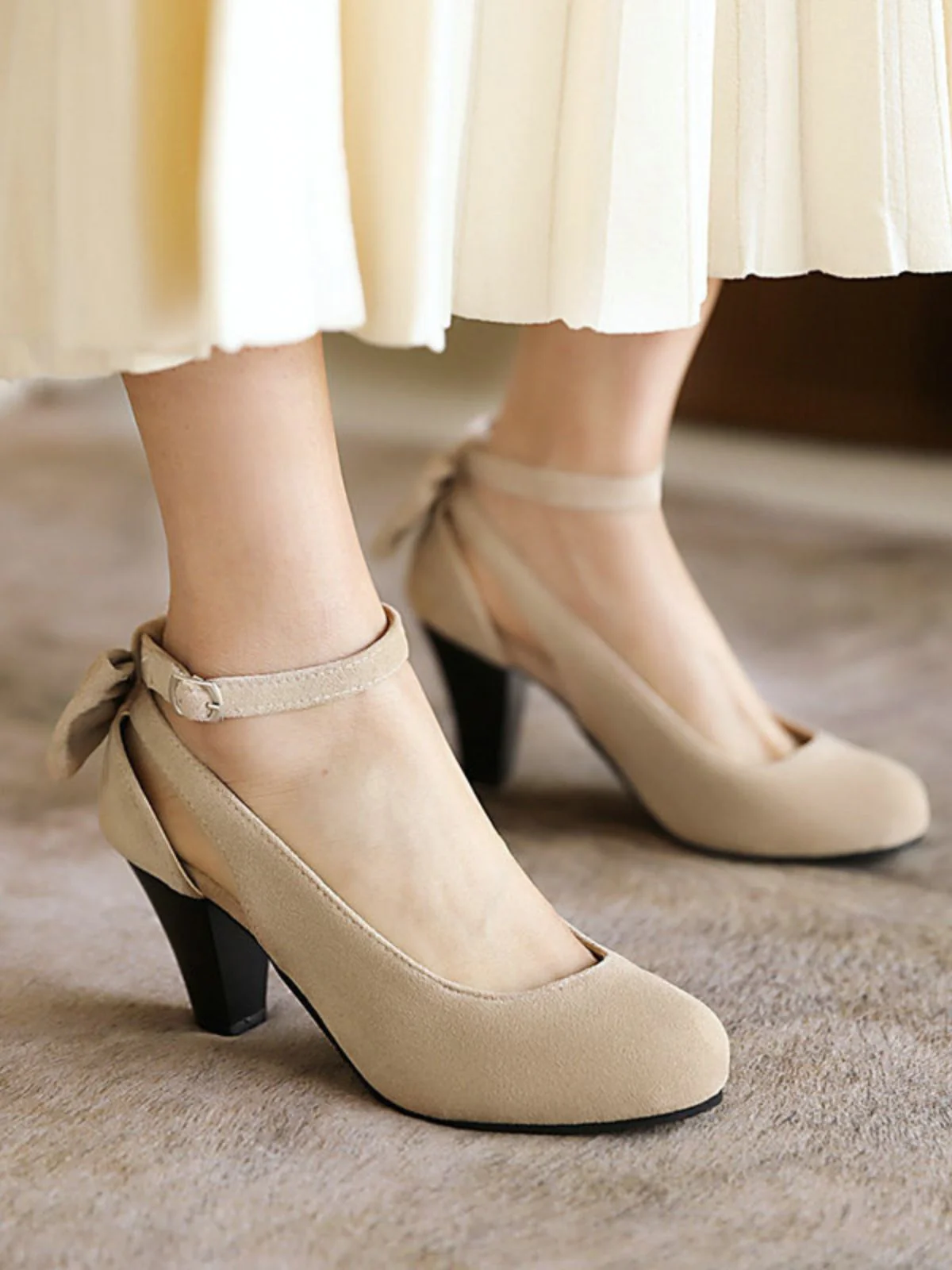 Vintage Bowknot Chunky High Heel Suede Shoes - Image 9