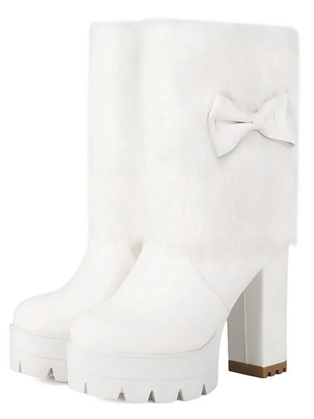 Vintage Bowknot Plush Chunky Heel Boots - Image 4