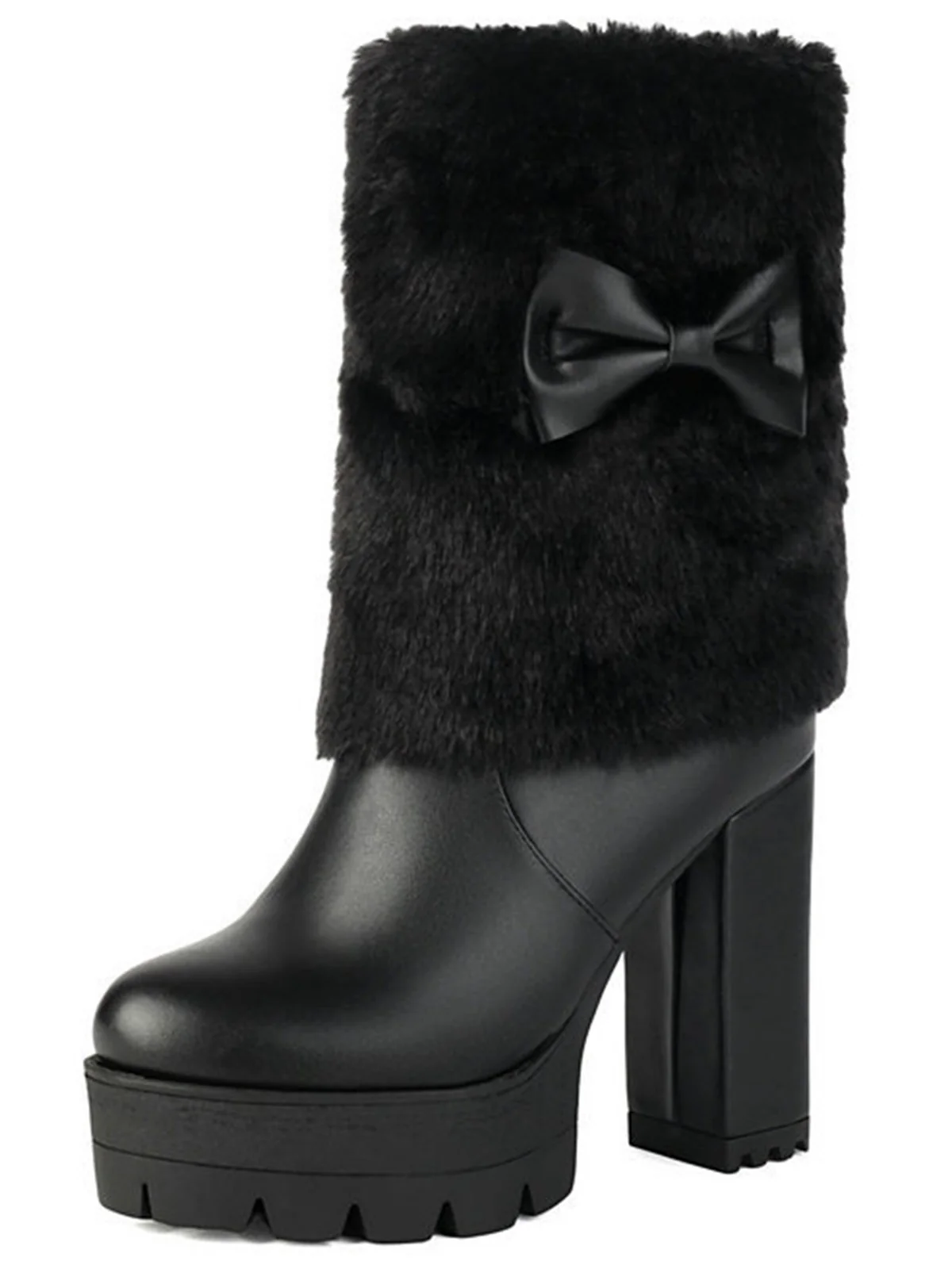 Vintage Bowknot Plush Chunky Heel Boots - Image 5