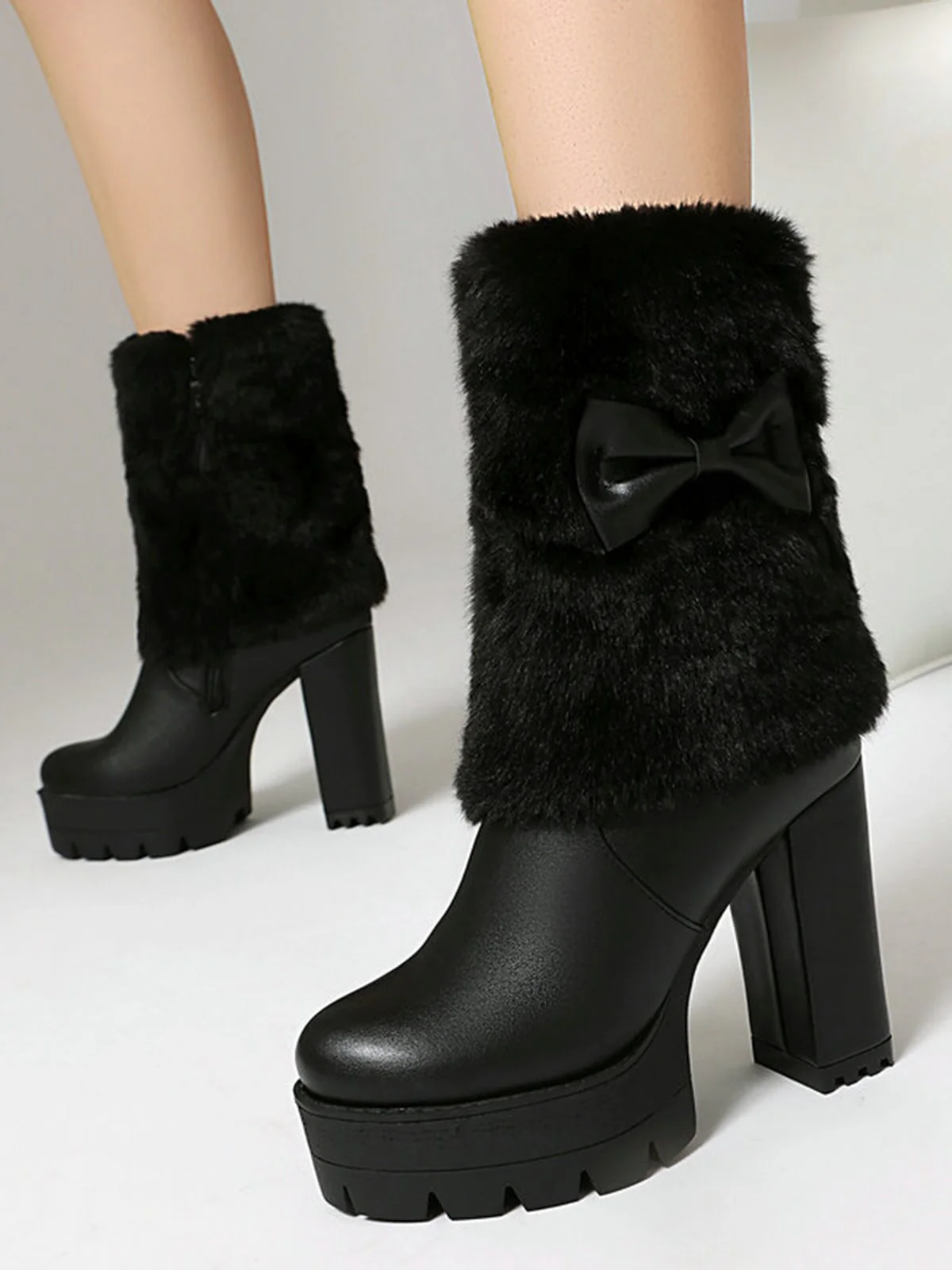 Vintage Bowknot Plush Chunky Heel Boots - Image 6