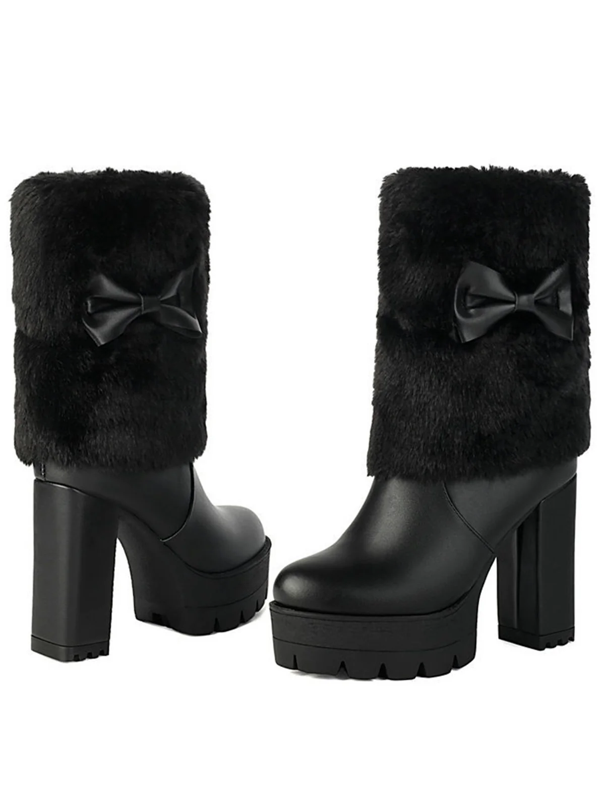Vintage Bowknot Plush Chunky Heel Boots - Image 7