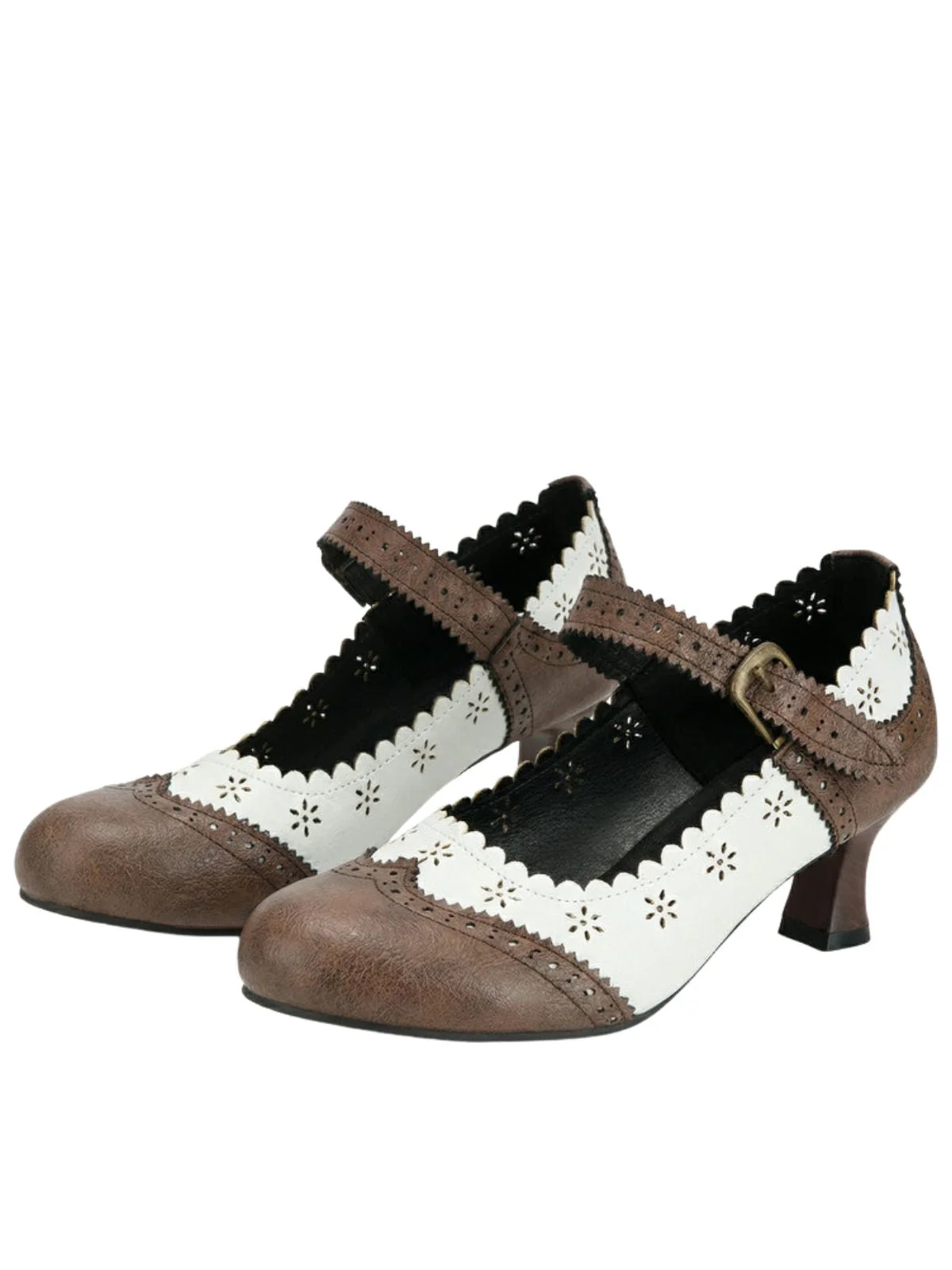 Vintage Brogue Floral Hollow Out Chunky Heels - Image 10