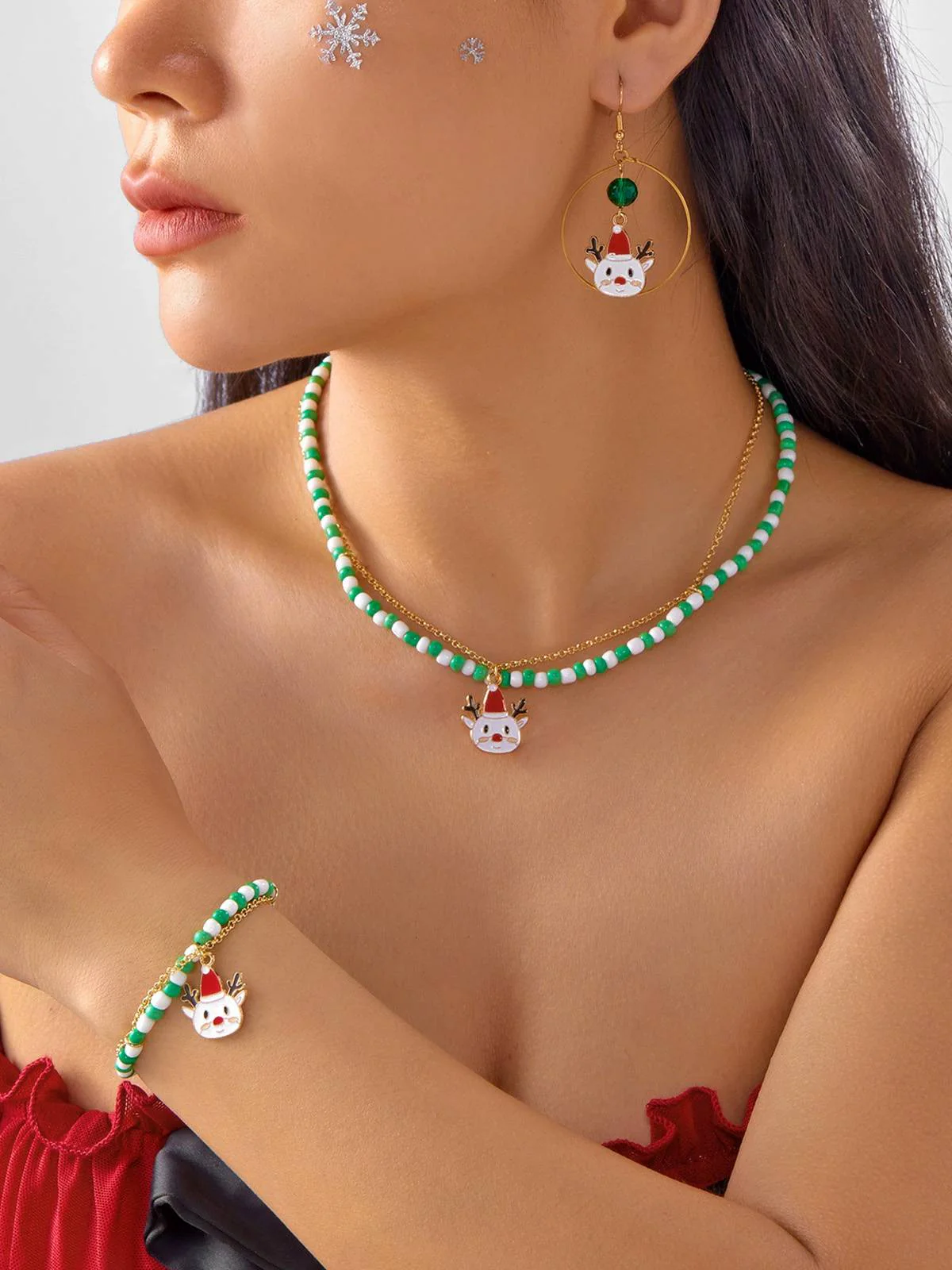 Vintage Christmas Beading Necklace & Bracelet & Earring Set - Image 6