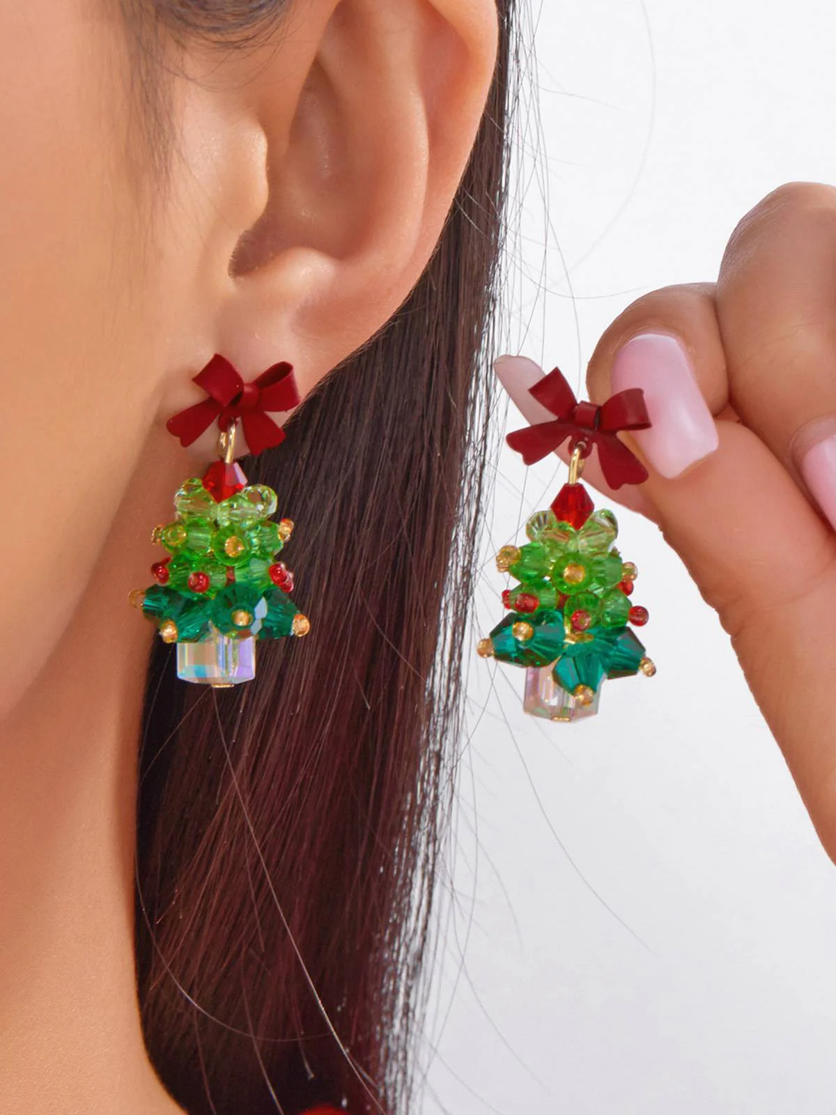 Vintage Christmas Tree & Bow Dangle Earrings - Image 2
