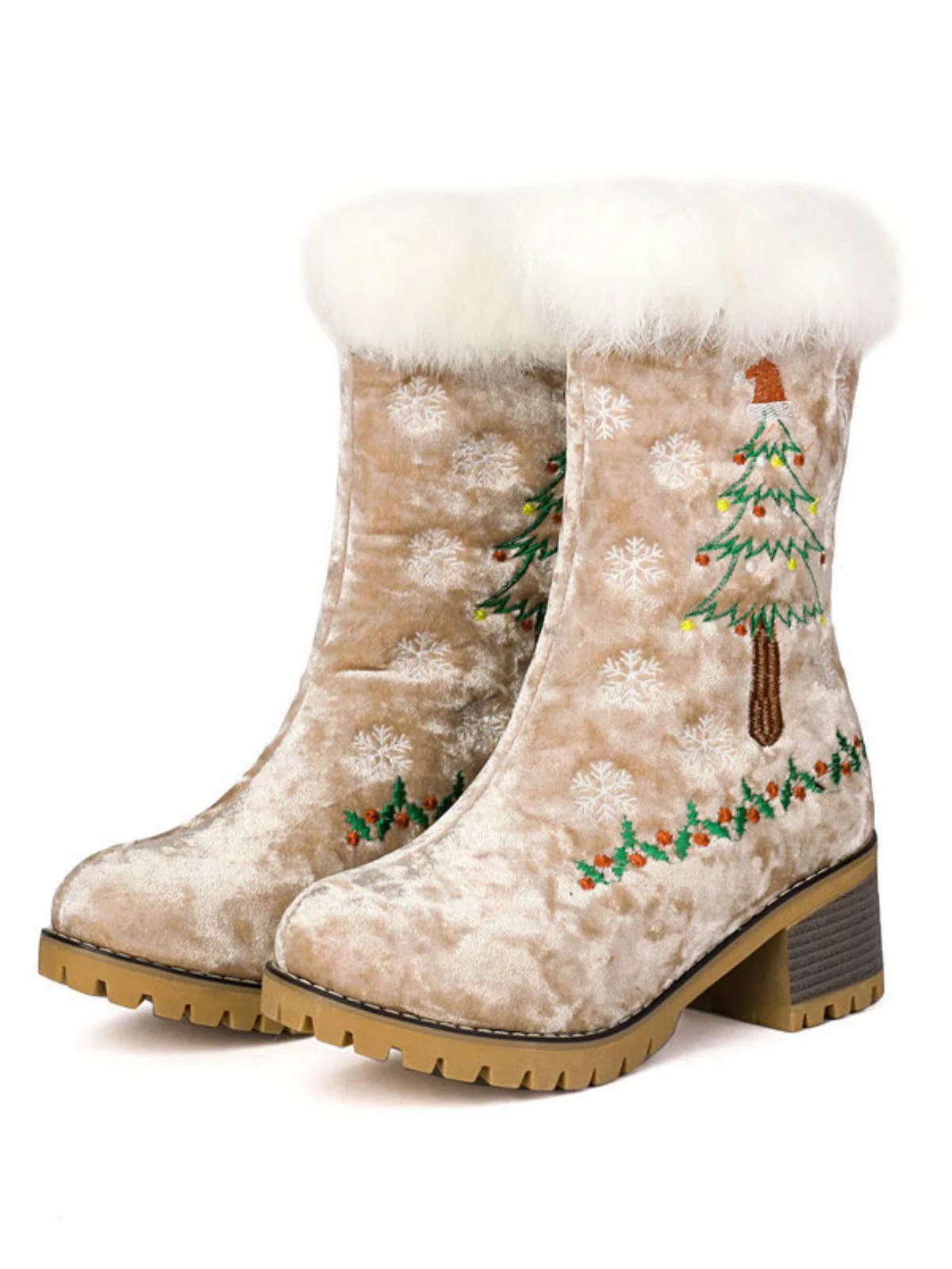 Vintage Christmas Tree Snowflake Plush Chunky Heel Boots - Image 11