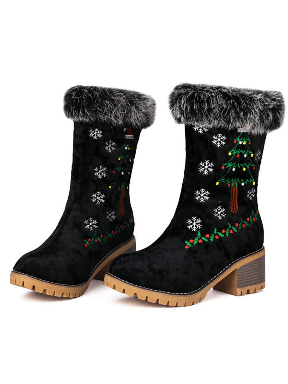 Vintage Christmas Tree Snowflake Plush Chunky Heel Boots - Image 7