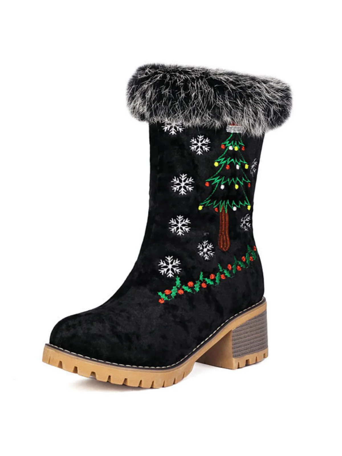 Vintage Christmas Tree Snowflake Plush Chunky Heel Boots - Image 8