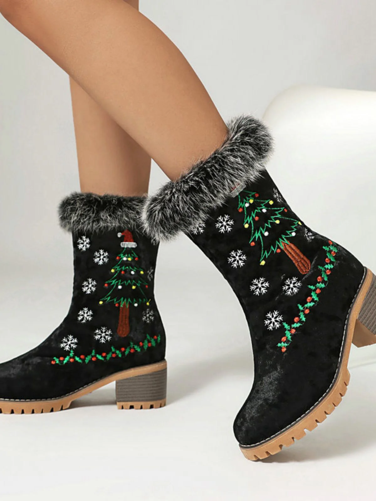 Vintage Christmas Tree Snowflake Plush Chunky Heel Boots - Image 9