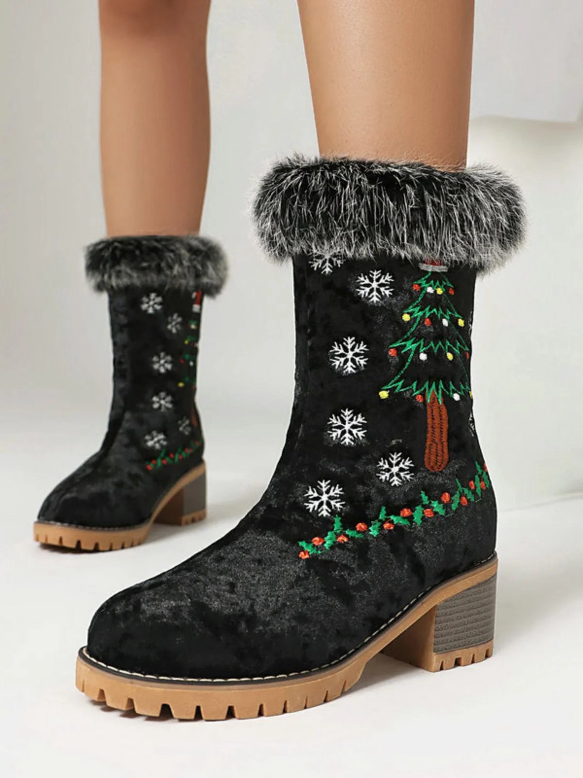 Vintage Christmas Tree Snowflake Plush Chunky Heel Boots - Image 10