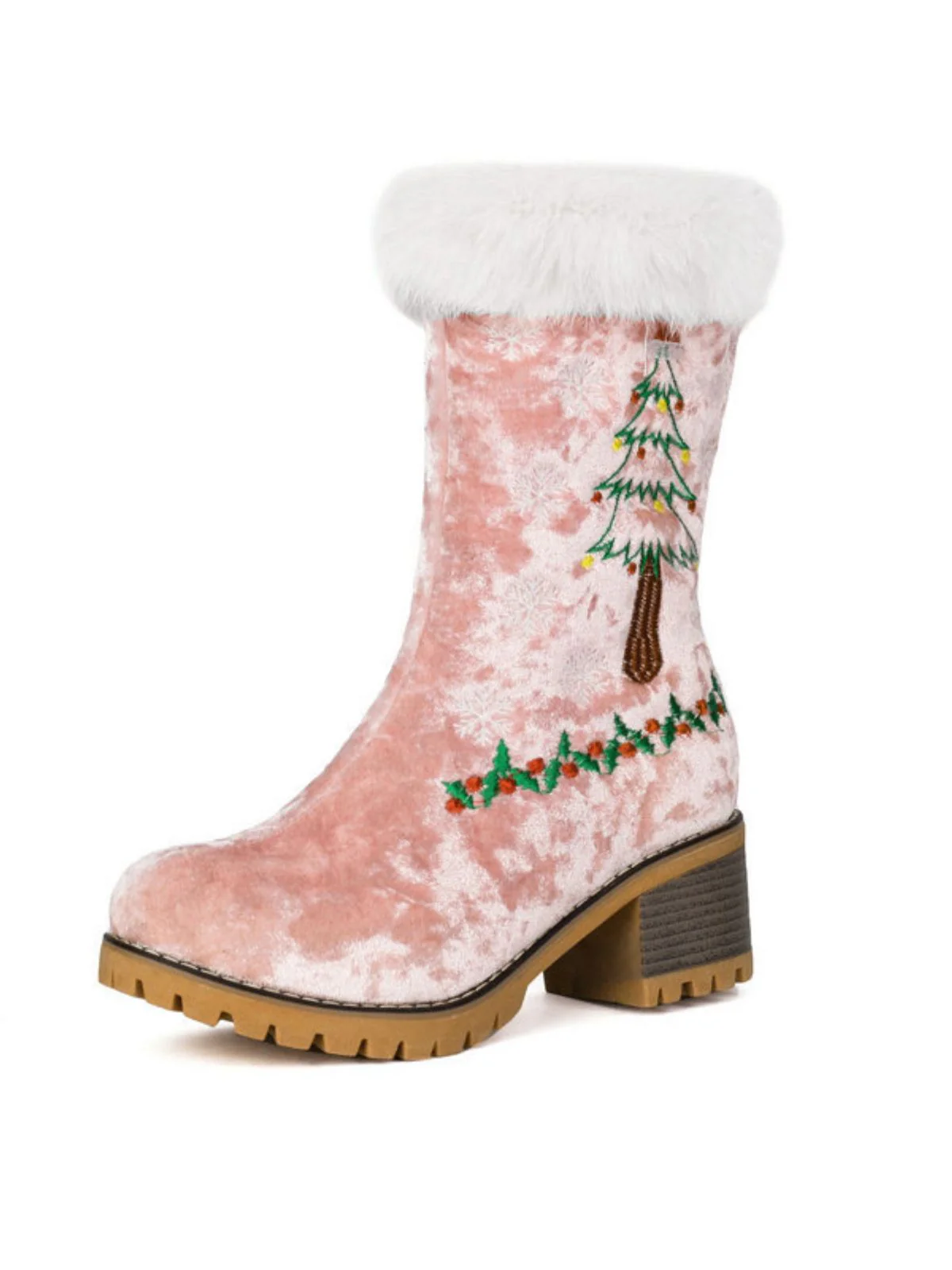 Vintage Christmas Tree Snowflake Plush Chunky Heel Boots - Image 16