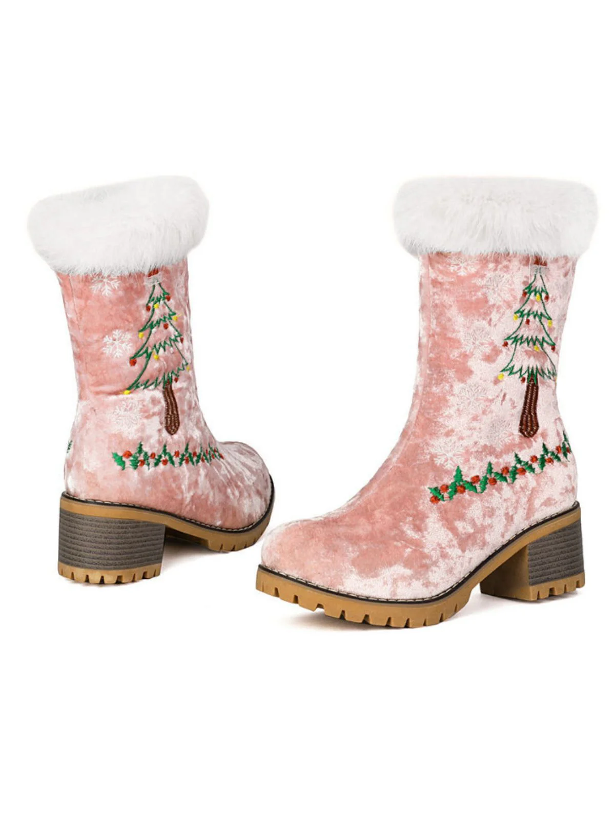 Vintage Christmas Tree Snowflake Plush Chunky Heel Boots - Image 17