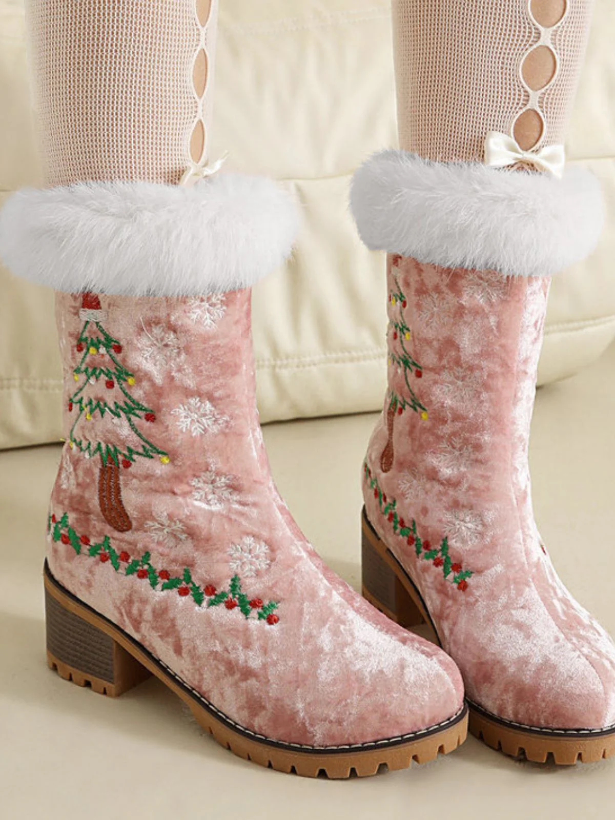 Vintage Christmas Tree Snowflake Plush Chunky Heel Boots - Image 19