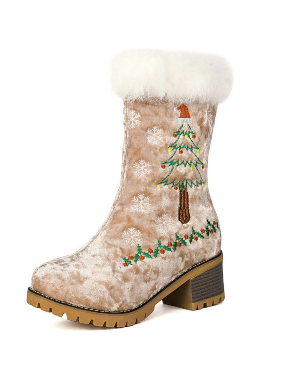 Vintage Christmas Tree Snowflake Plush Chunky Heel Boots - Image 15
