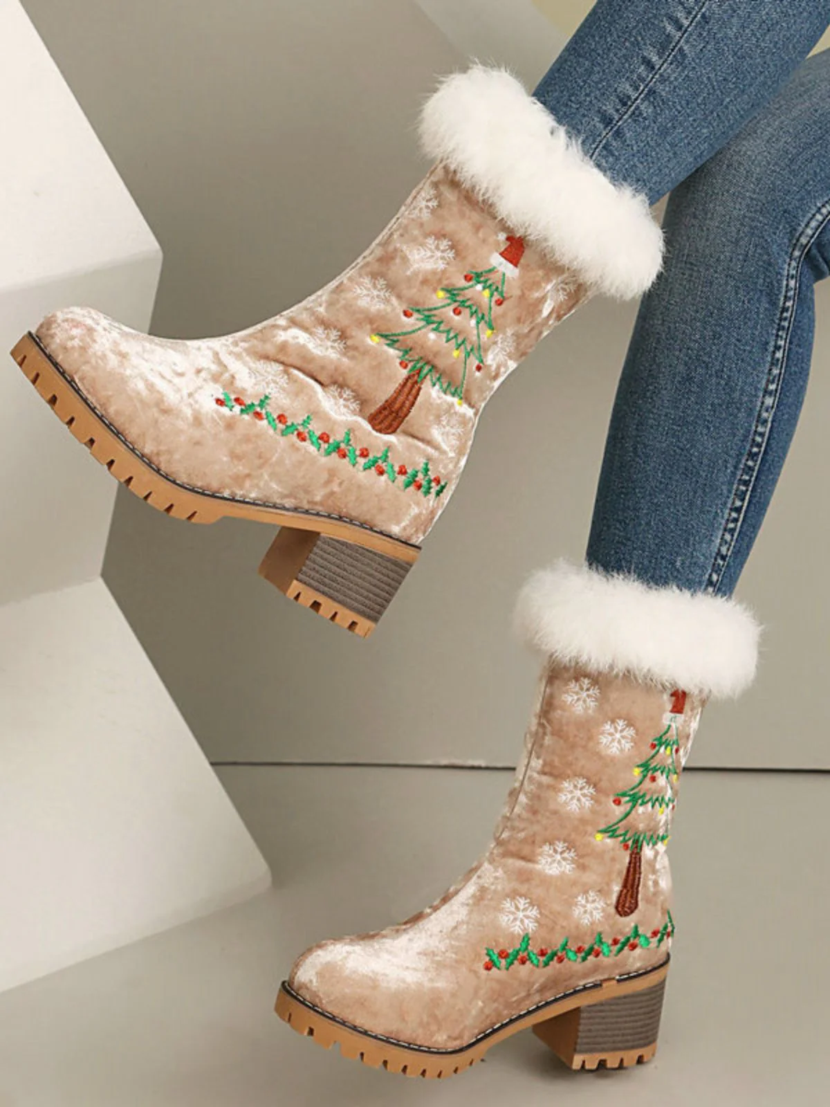 Vintage Christmas Tree Snowflake Plush Chunky Heel Boots - Image 12