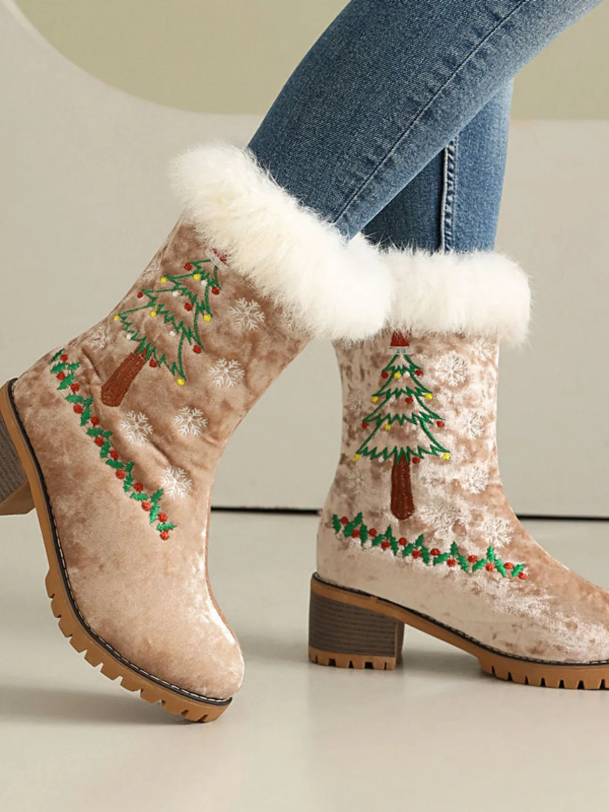 Vintage Christmas Tree Snowflake Plush Chunky Heel Boots - Image 13