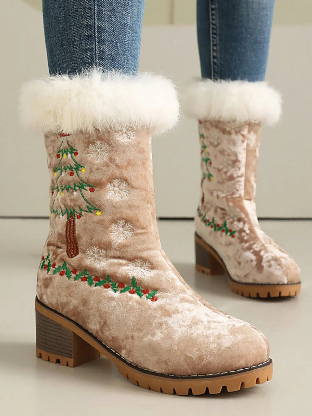 Vintage Christmas Tree Snowflake Plush Chunky Heel Boots - Image 14