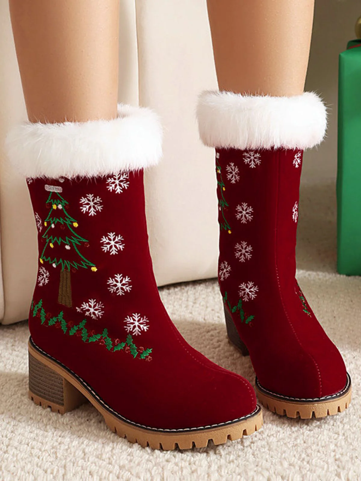 Vintage Christmas Tree Snowflake Plush Chunky Heel Boots - Image 2