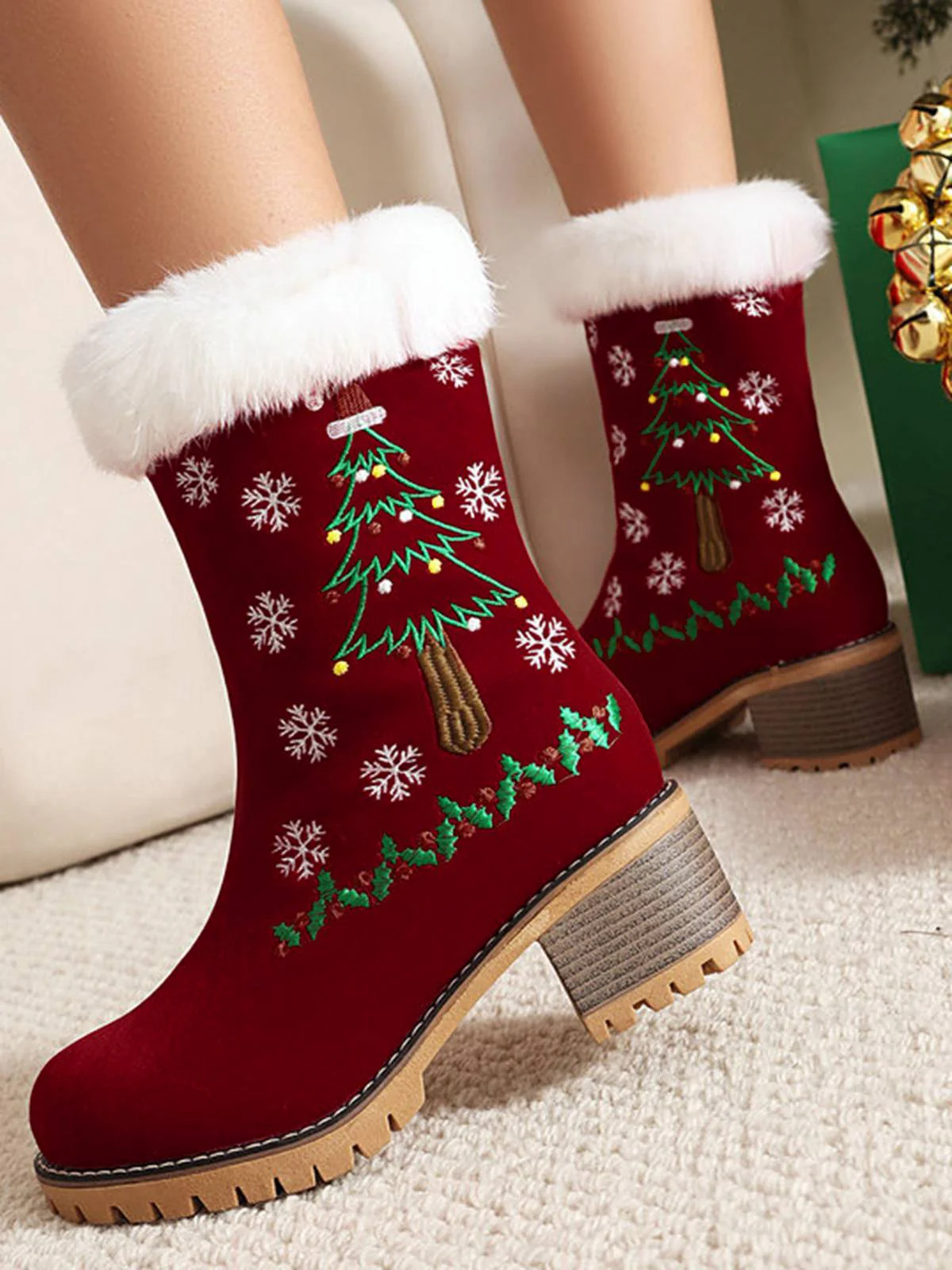 Vintage Christmas Tree Snowflake Plush Chunky Heel Boots - Image 3