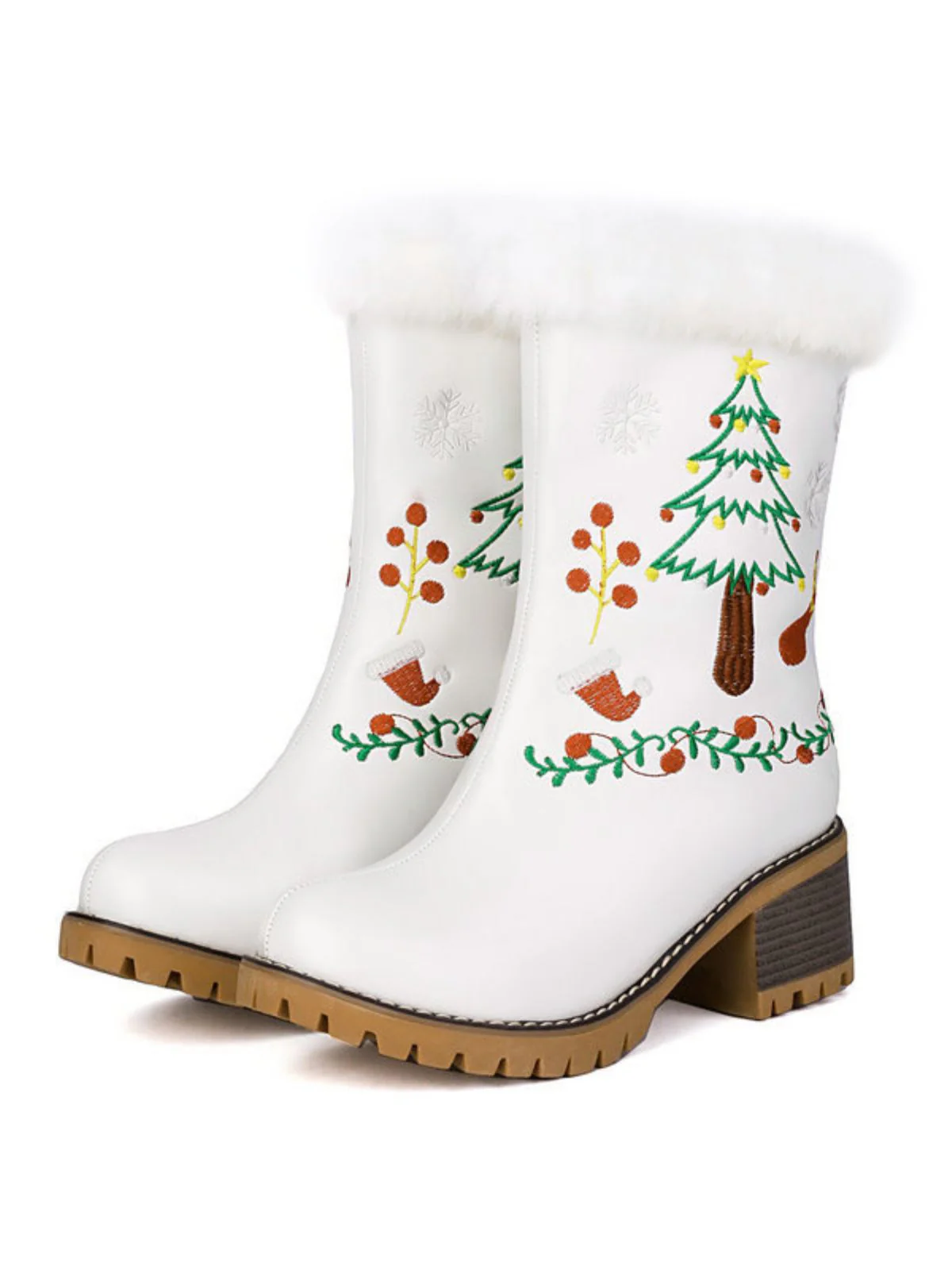 Vintage Christmas Tree Snowflake Plush Chunky Heel Boots - Image 4