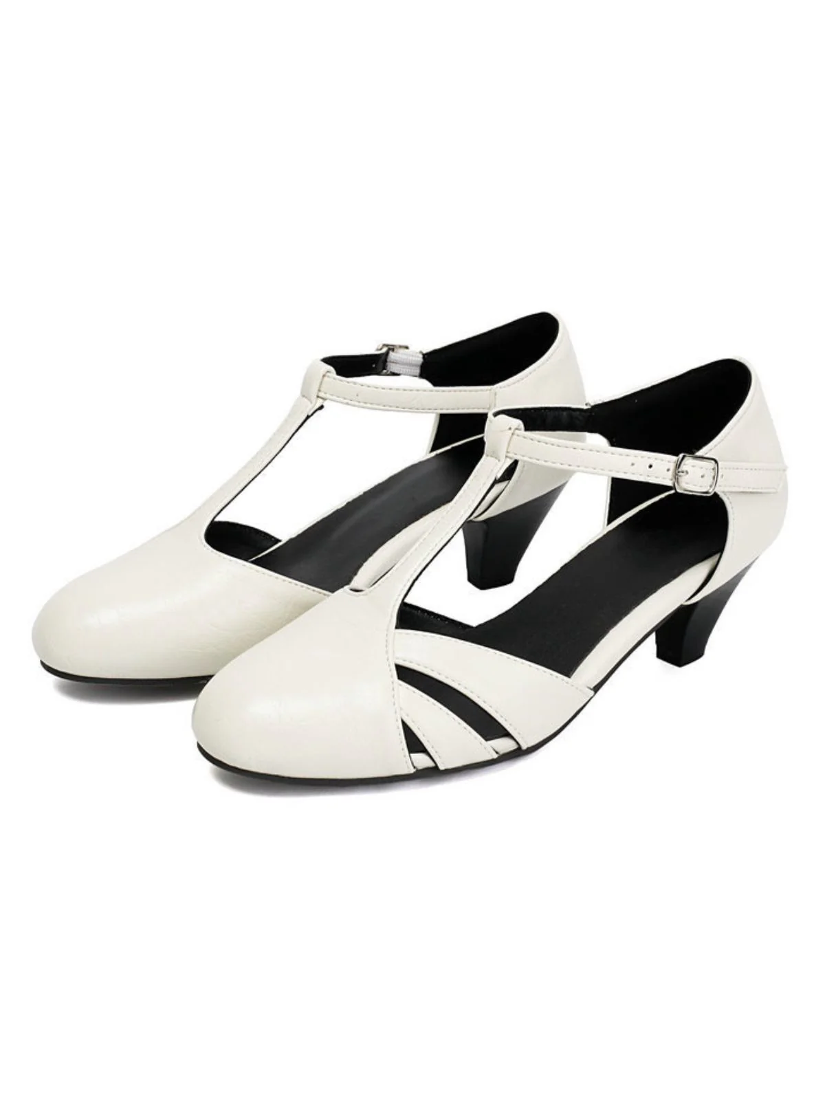 Vintage Closed Toe T-Strap Side Cutout Medium Heels - Image 11