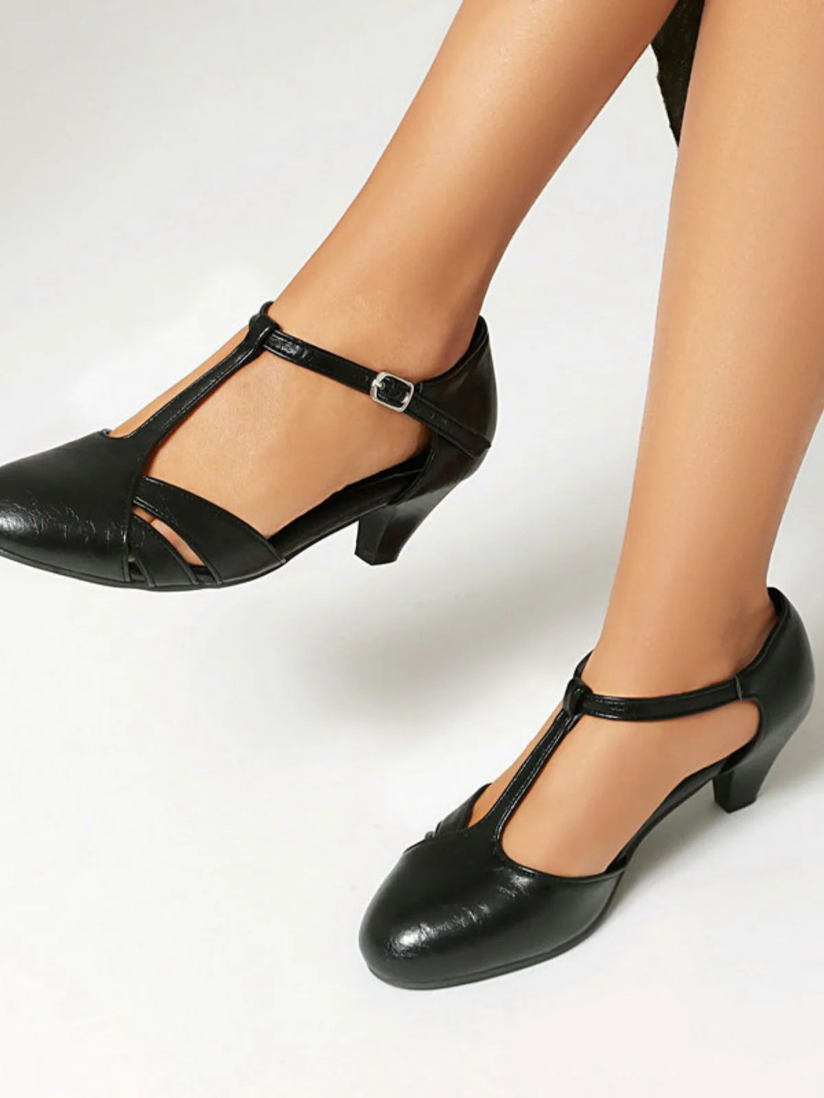 Vintage Closed Toe T-Strap Side Cutout Medium Heels - Image 2