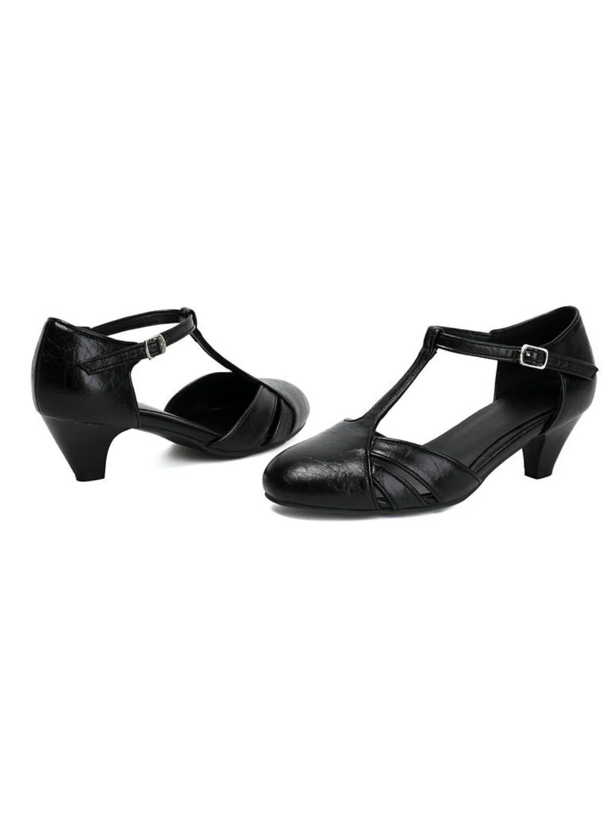 Vintage Closed Toe T-Strap Side Cutout Medium Heels - Image 3