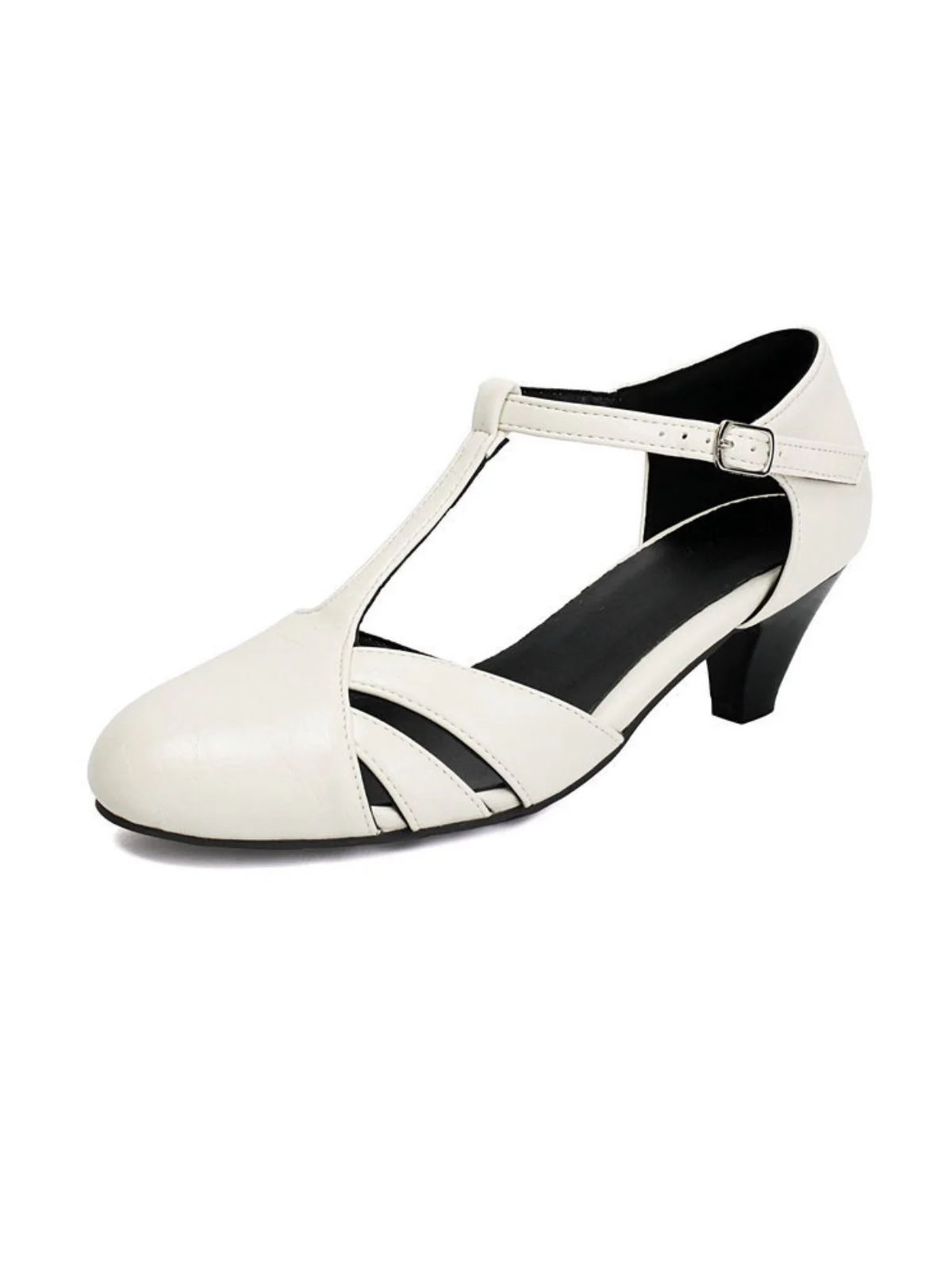 Vintage Closed Toe T-Strap Side Cutout Medium Heels - Image 9