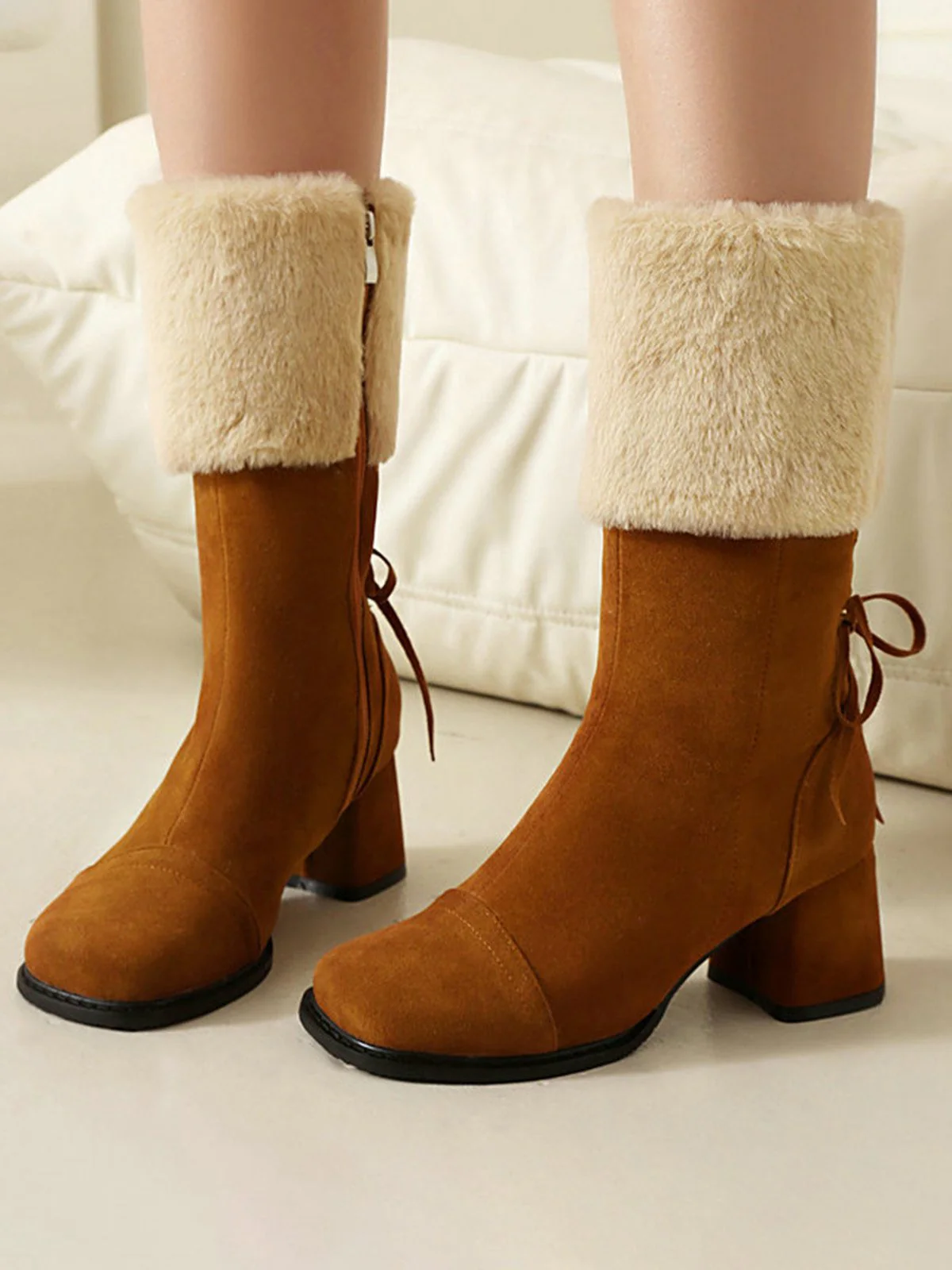 Vintage Contrasted Suede Plush Chunky Boots - Image 14