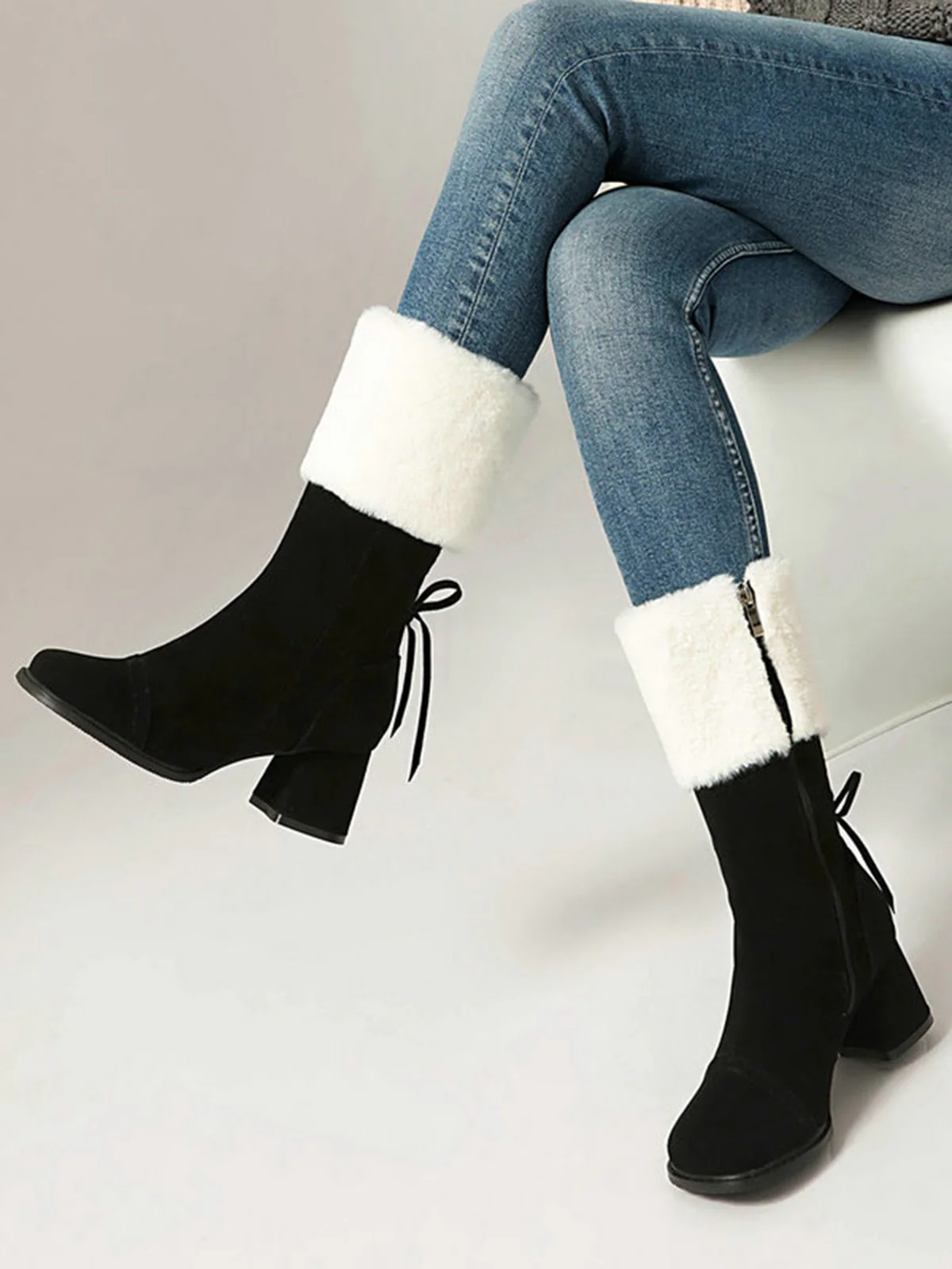 Vintage Contrasted Suede Plush Chunky Boots - Image 4