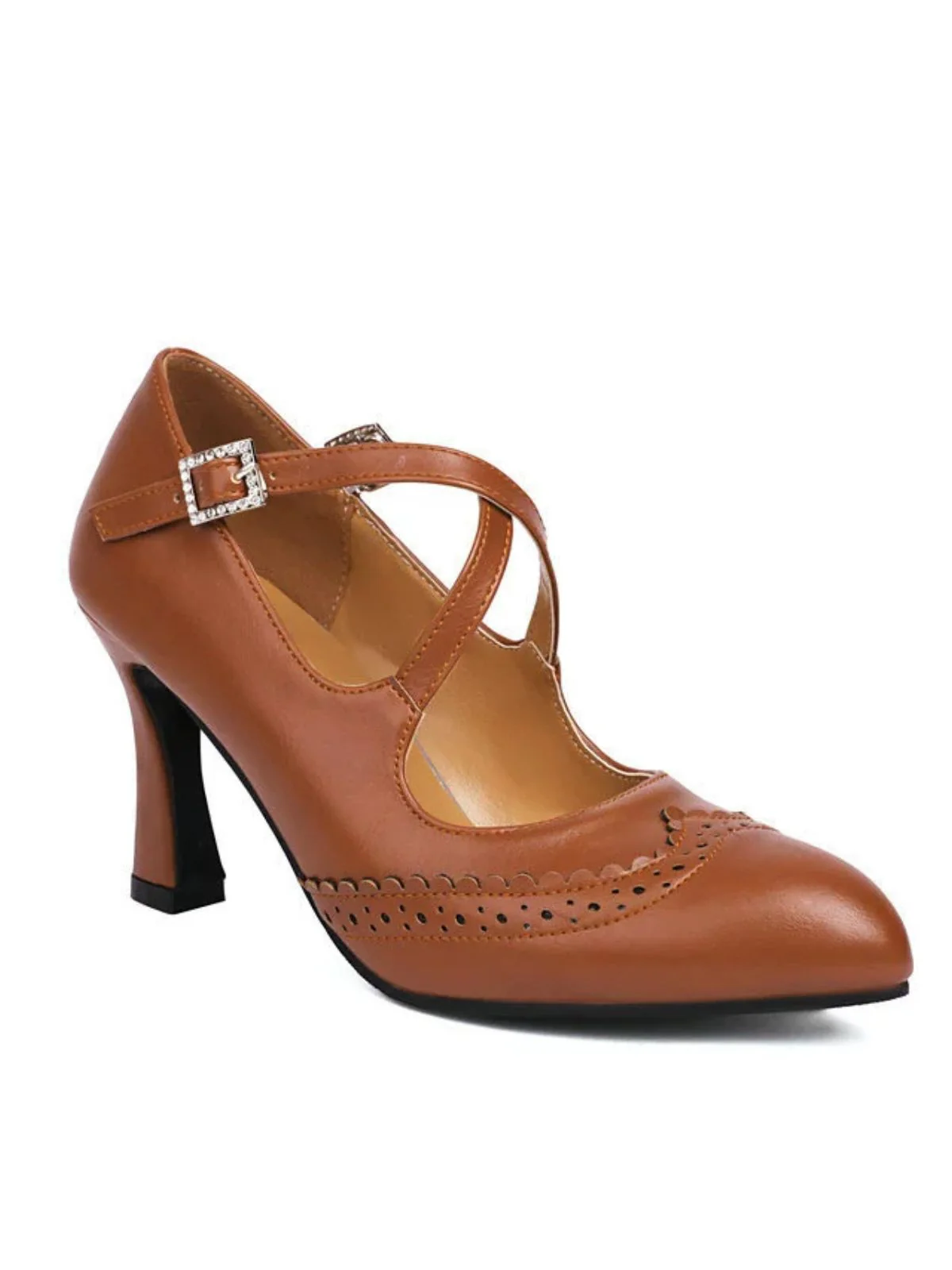 Vintage Crossed Straps Brogue Detail High Heel Shoes - Image 2