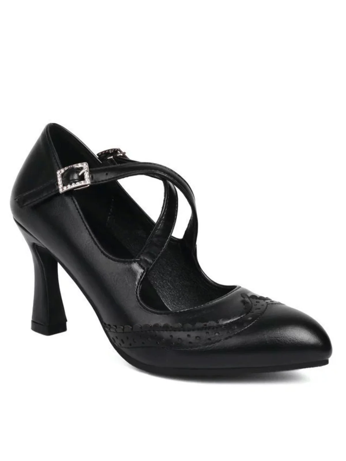 Vintage Crossed Straps Brogue Detail High Heel Shoes - Image 5