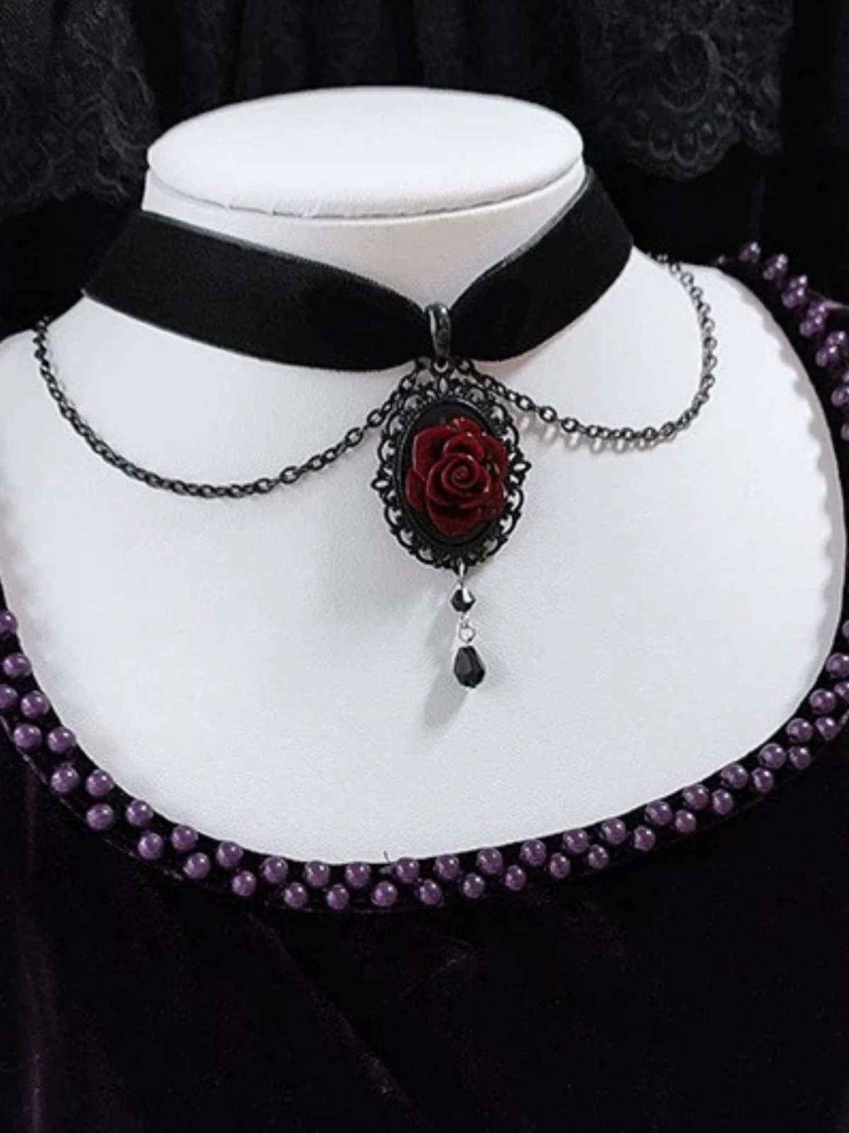 Vintage Dark Rose Victorian Gothic Necklace - Image 5