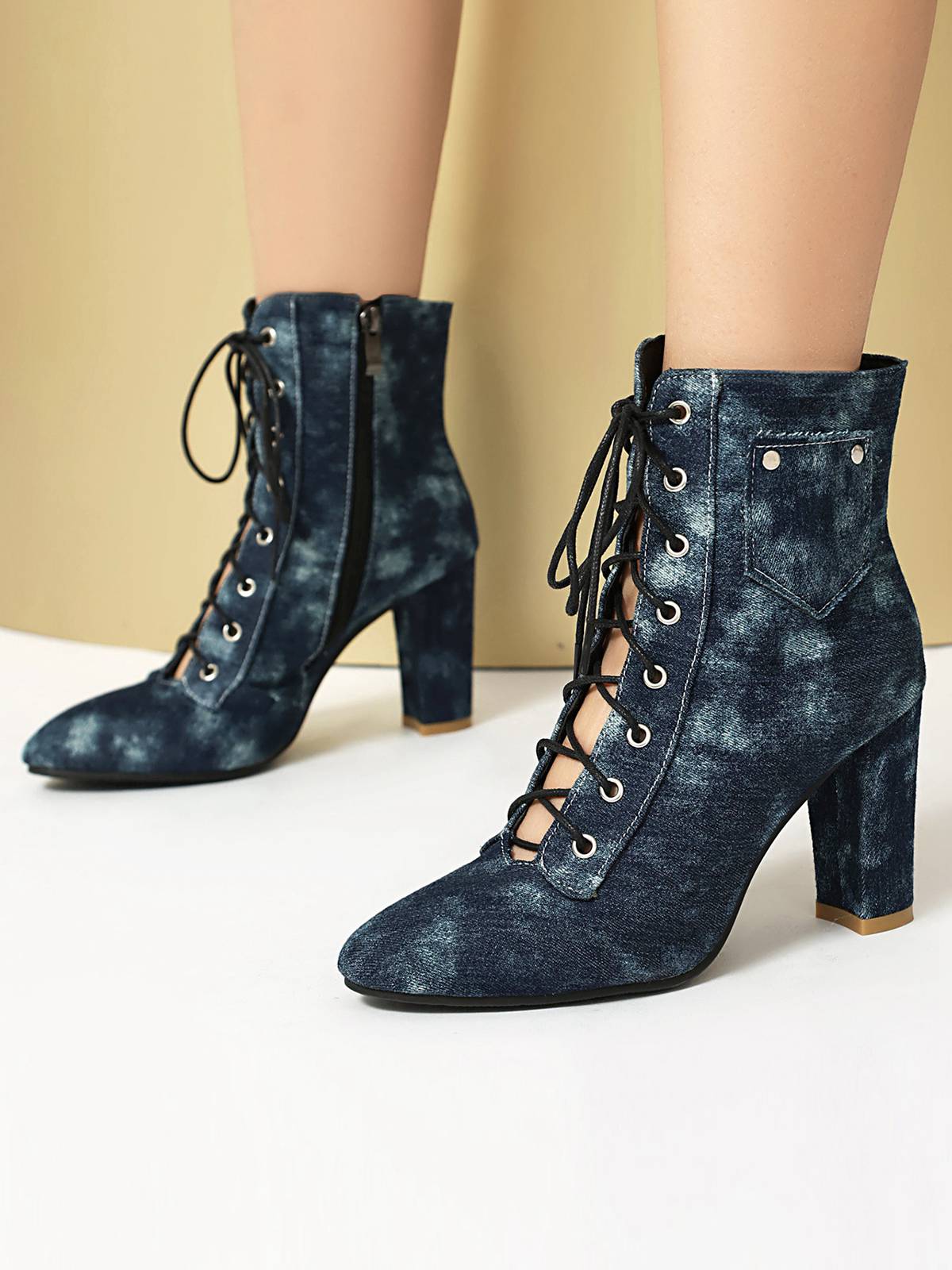 Vintage Denim Lace-Up High Heel Boots - Image 4