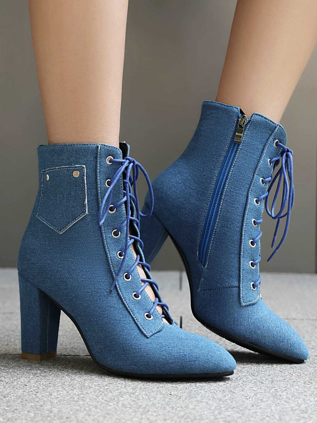 Vintage Denim Lace-Up High Heel Boots - Image 5