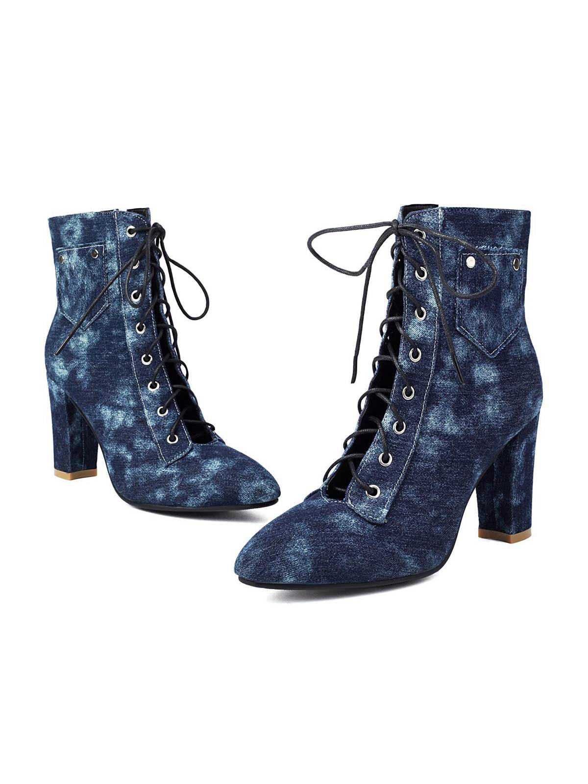 Vintage Denim Lace-Up High Heel Boots - Image 6