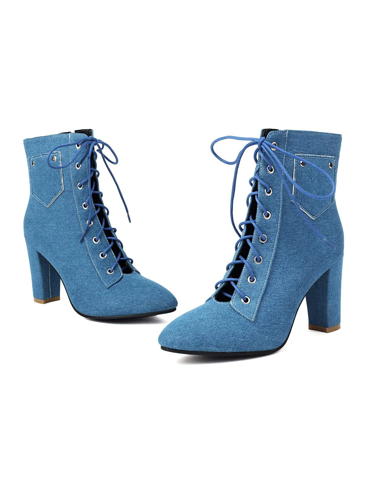 Vintage Denim Lace-Up High Heel Boots - Image 7