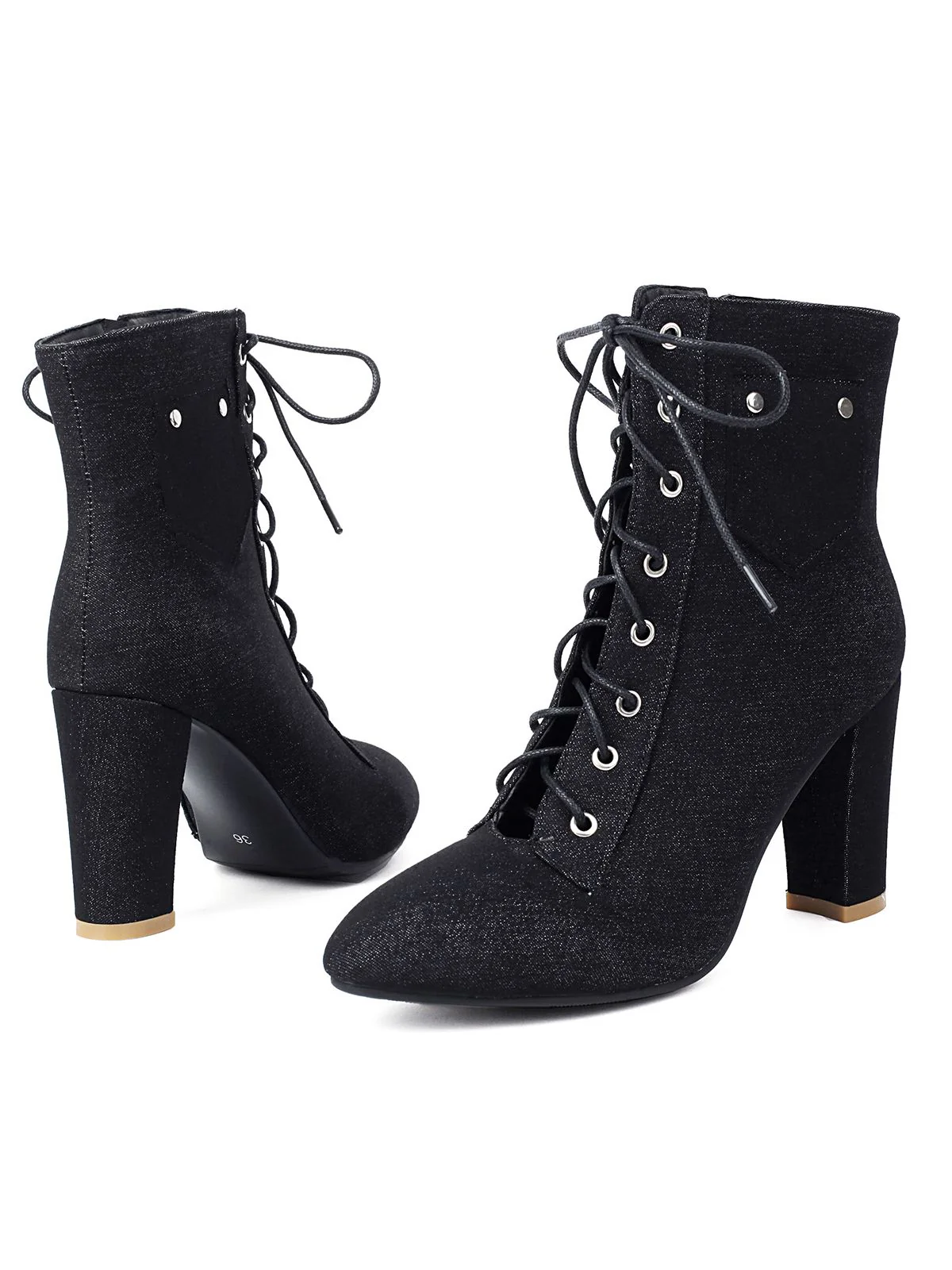 Vintage Denim Lace-Up High Heel Boots - Image 8
