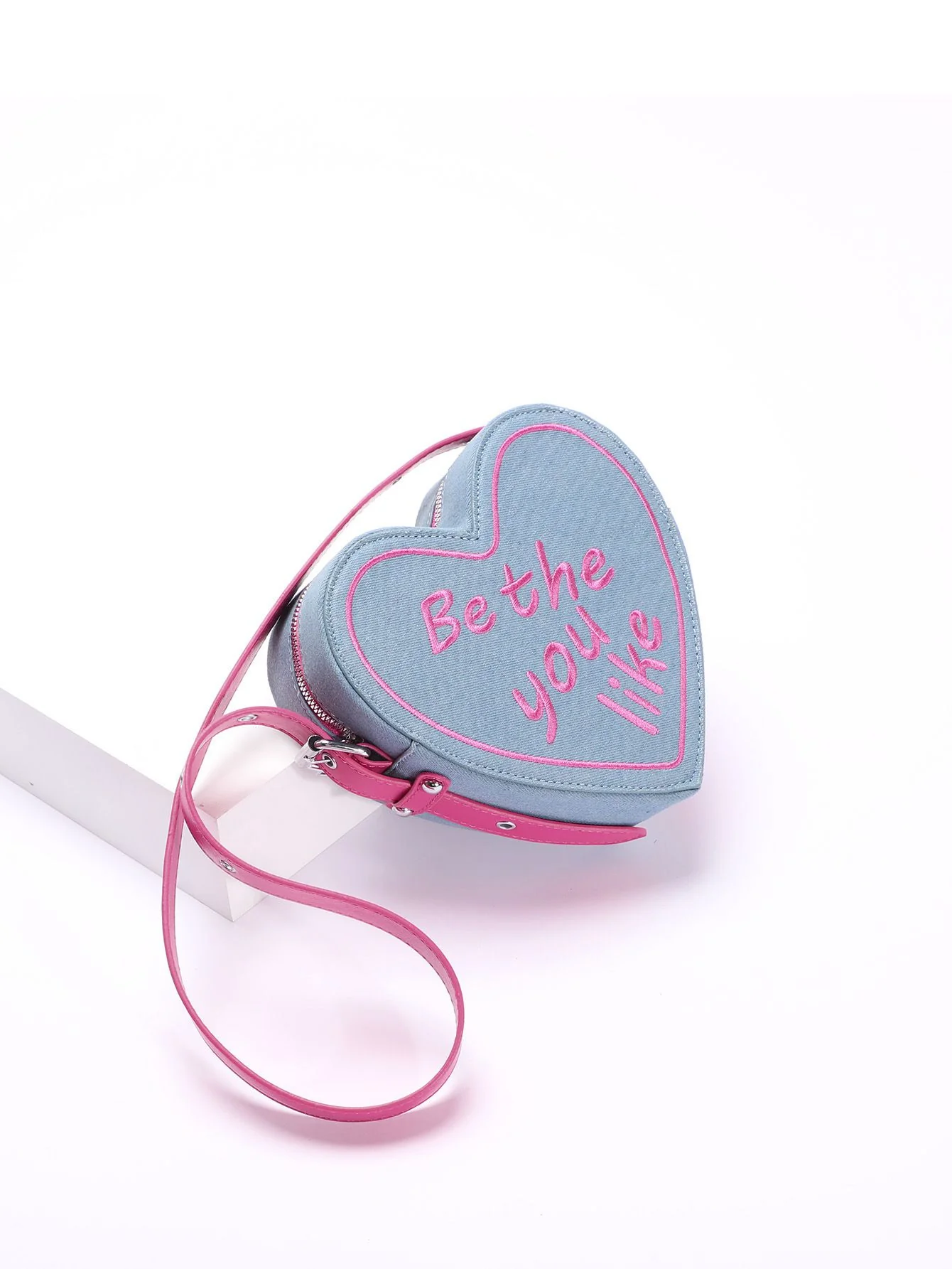 Vintage Denim Letter Embroidered Sling Heart Bag - Image 6