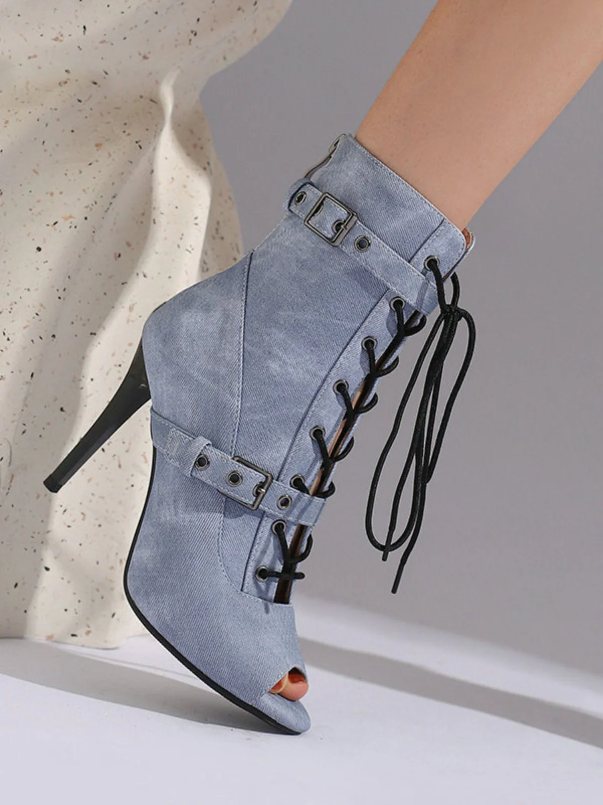 Vintage Denim Peep Toe Stiletto Heel Shoes - Image 5