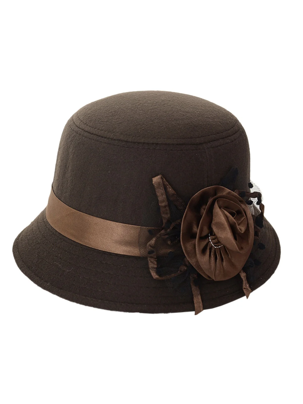 Vintage Dots Sheer Floral Felt Cloche Hat - Image 3