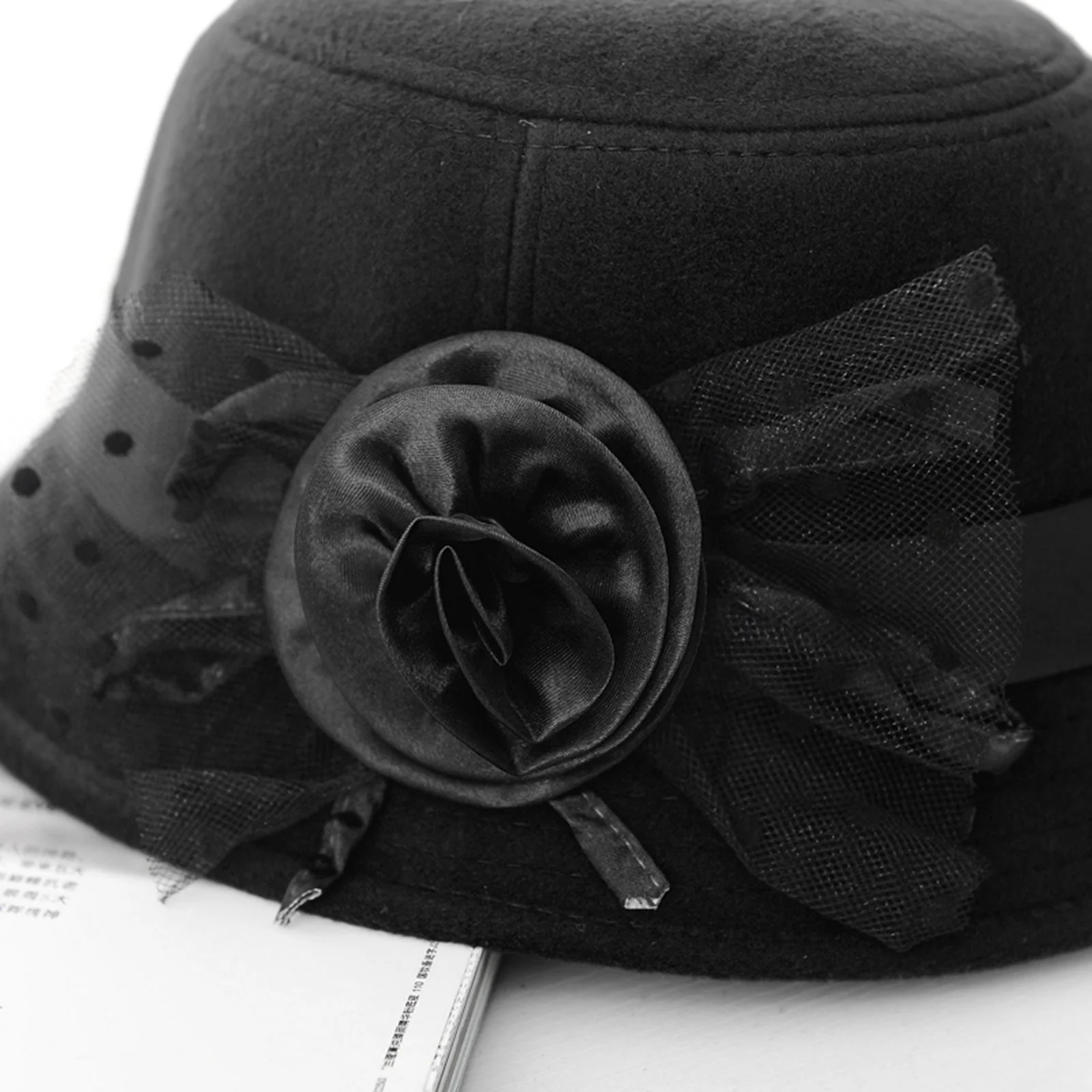 Vintage Dots Sheer Floral Felt Cloche Hat - Image 7