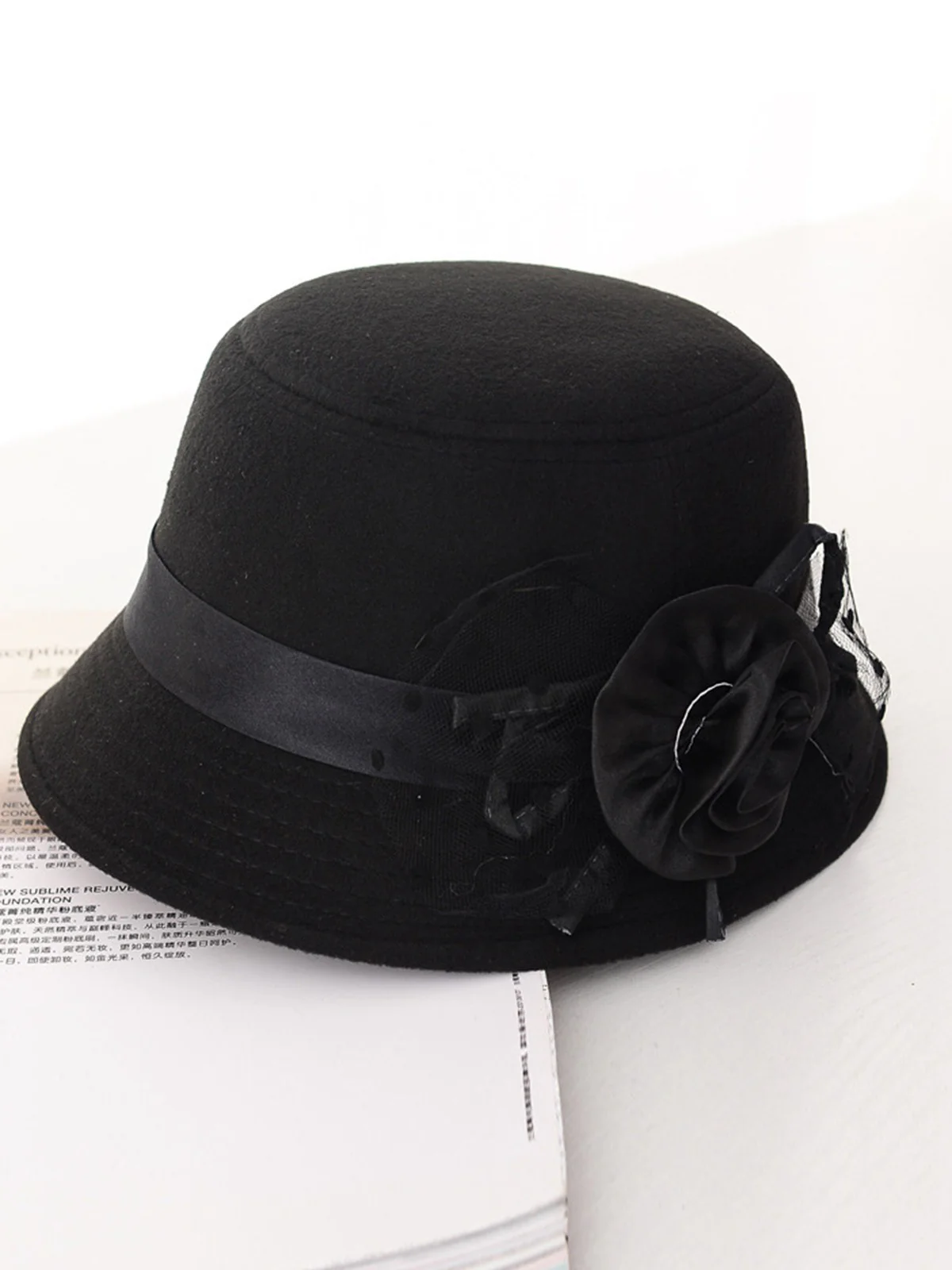 Vintage Dots Sheer Floral Felt Cloche Hat - Image 8