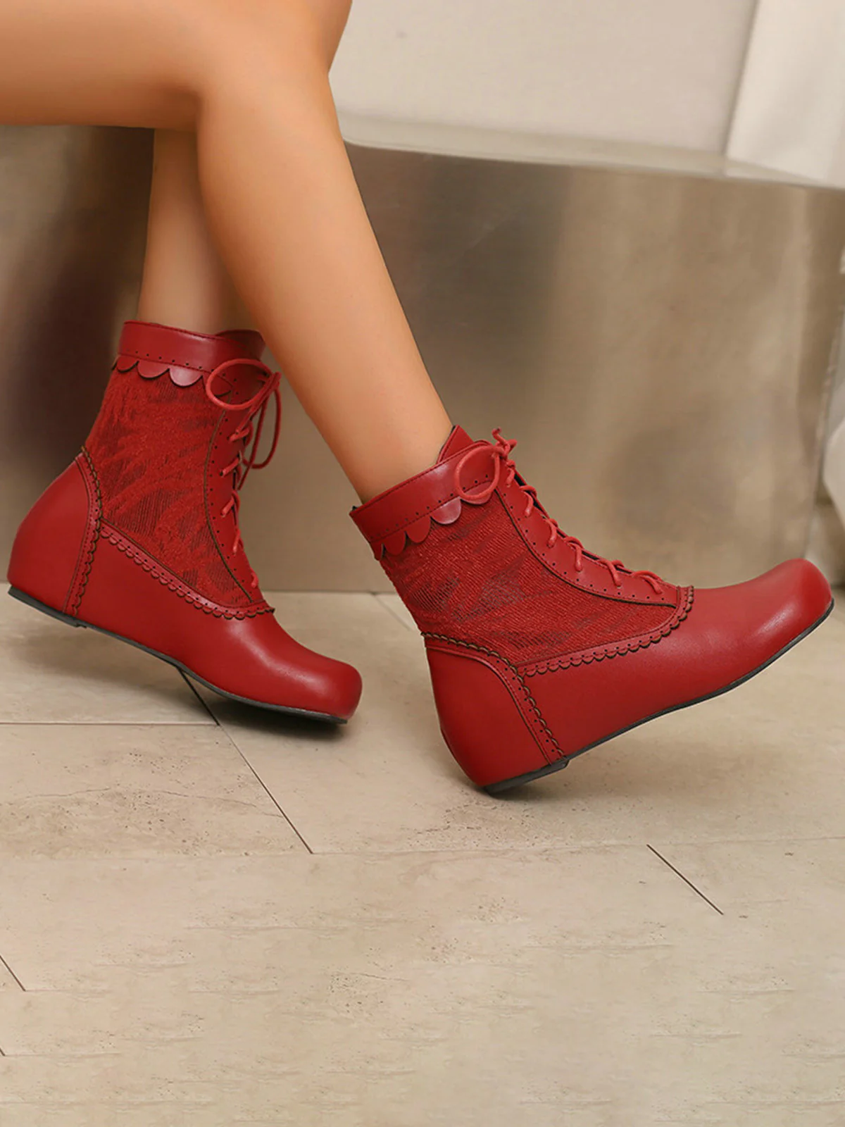 Vintage Embroidered Lace-Up Inner Heel Boots - Image 12