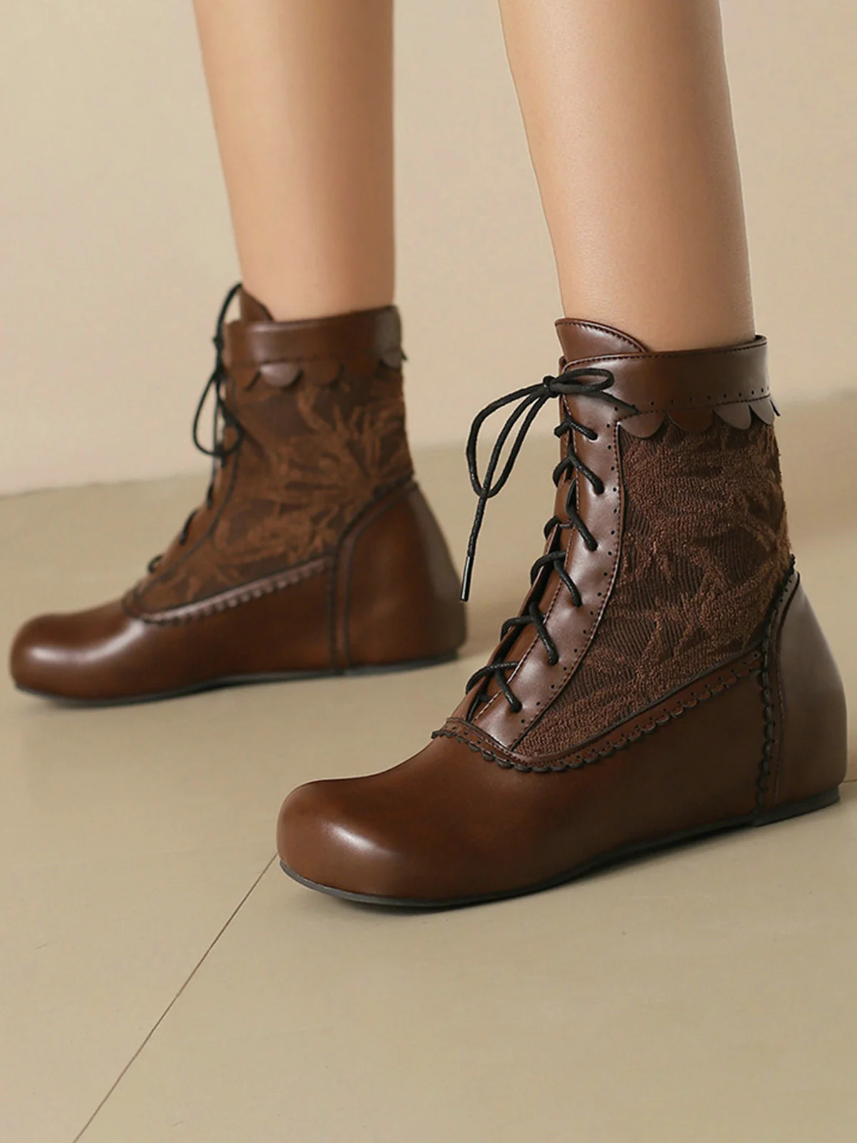 Vintage Embroidered Lace-Up Inner Heel Boots - Image 3