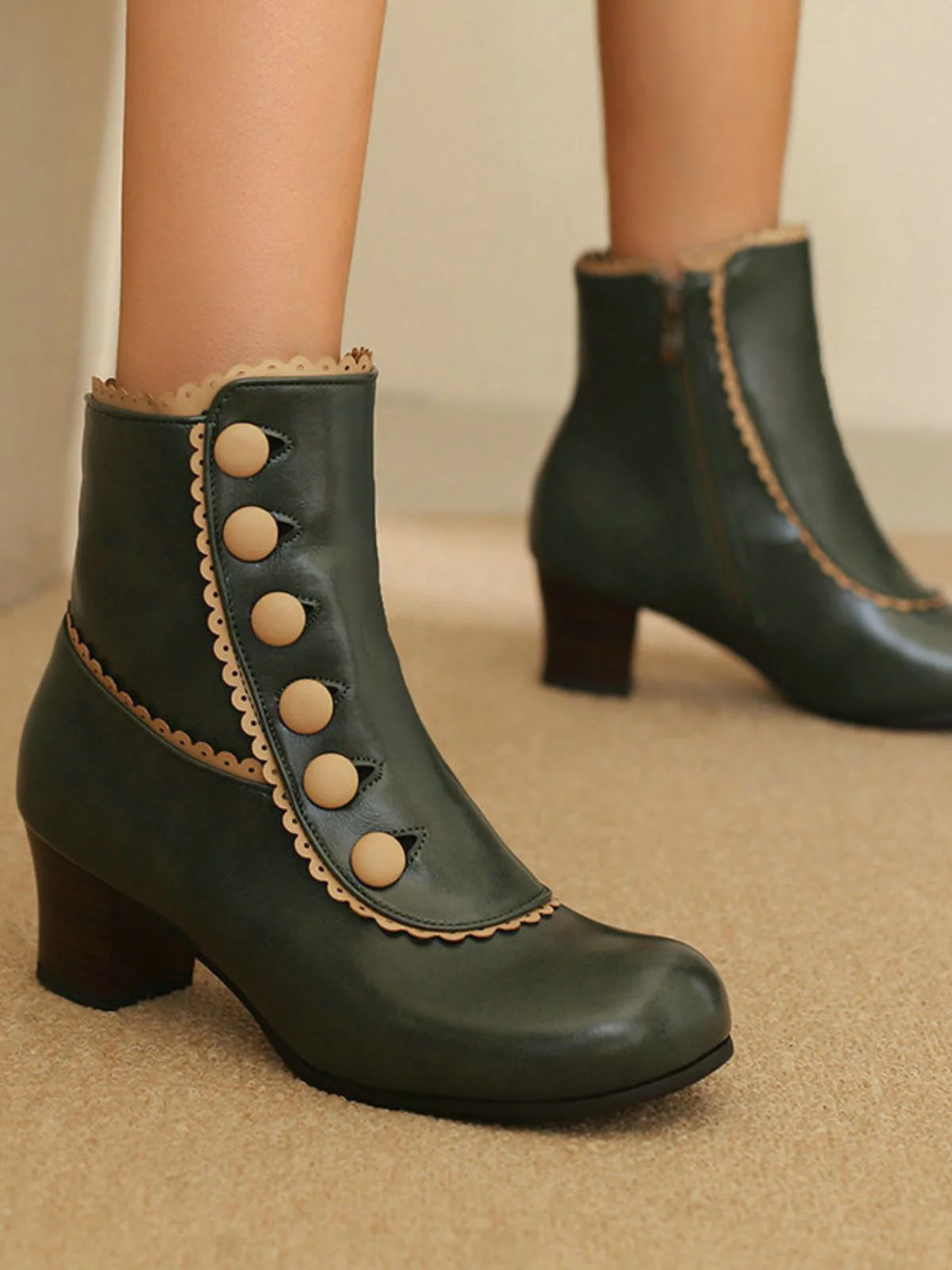 Vintage Faux Fur Lining Chunky Heel Short Boots - Image 15