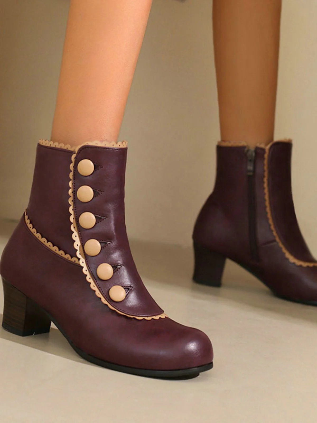 Vintage Faux Fur Lining Chunky Heel Short Boots - Image 3