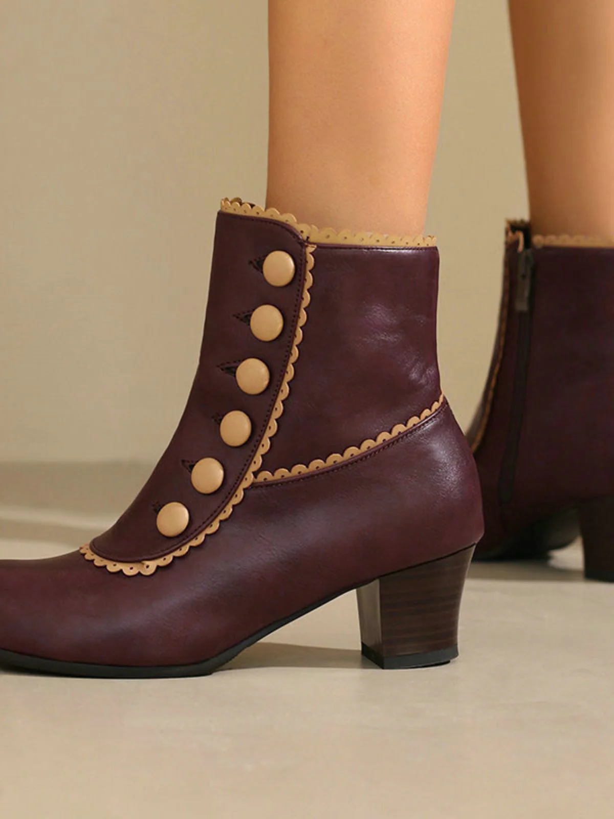 Vintage Faux Fur Lining Chunky Heel Short Boots - Image 4