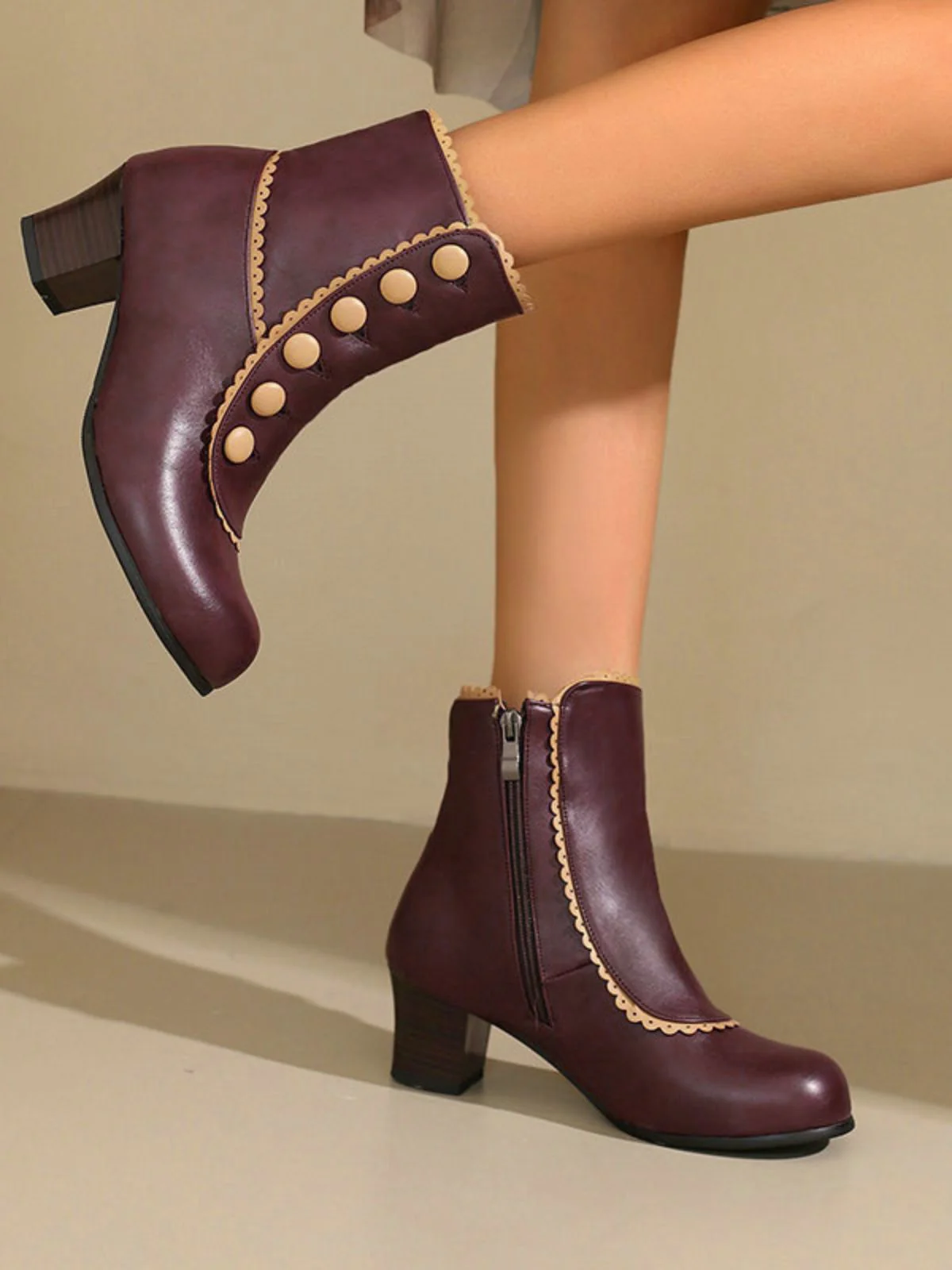 Vintage Faux Fur Lining Chunky Heel Short Boots - Image 5