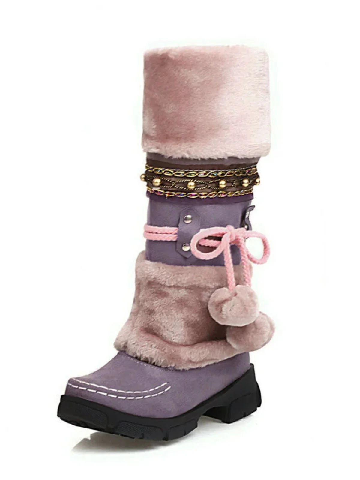 Vintage Faux Fur Pom-Pom Winter Snow Boots - Image 11